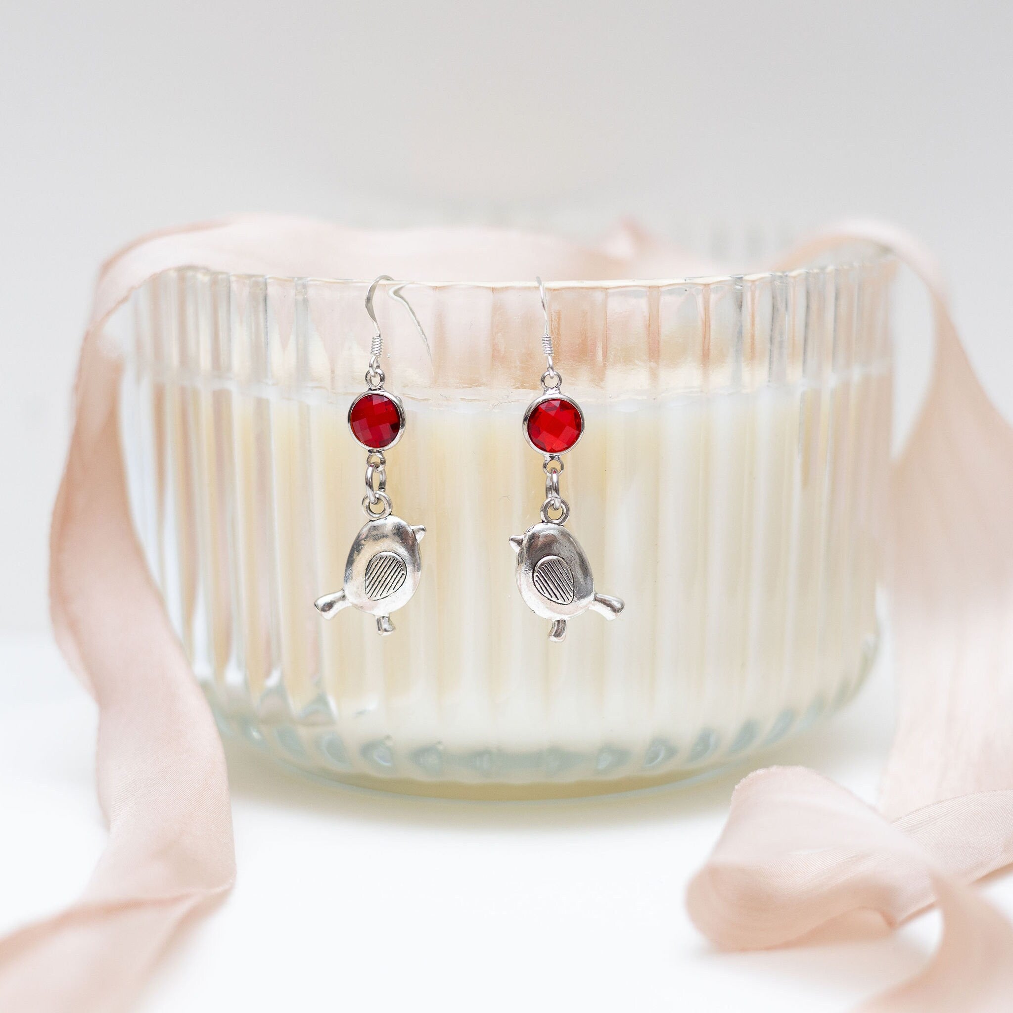 Robin earrings, birthstone jewellery, personalised gifts, charm drop earrings, bird jewellery, remembrance gift