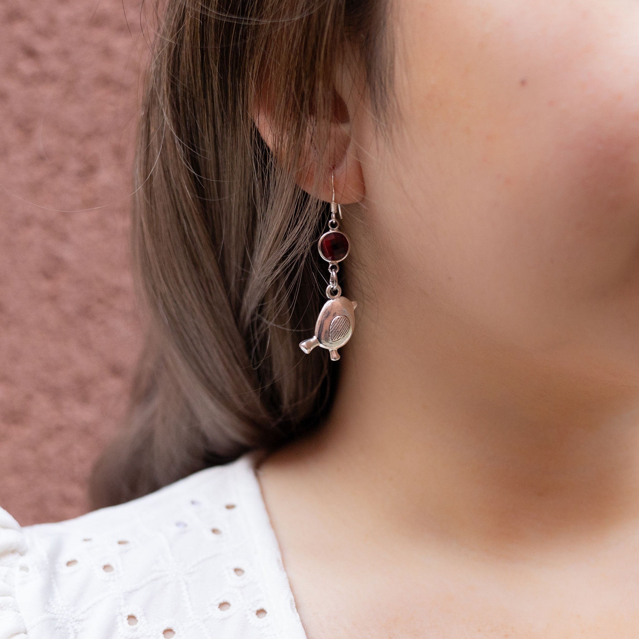 Robin earrings, birthstone jewellery, personalised gifts, charm drop earrings, bird jewellery, remembrance gift