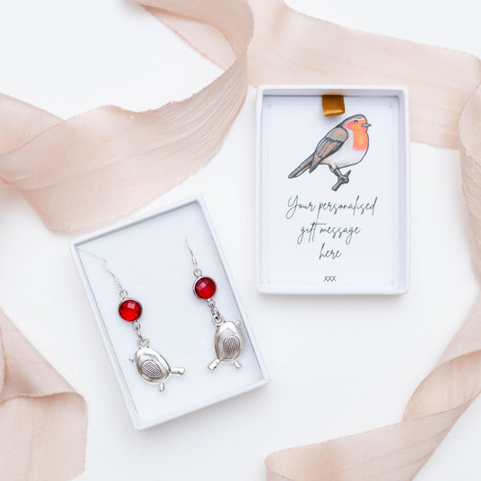 Robin earrings, birthstone jewellery, personalised gifts, charm drop earrings, bird jewellery, remembrance gift