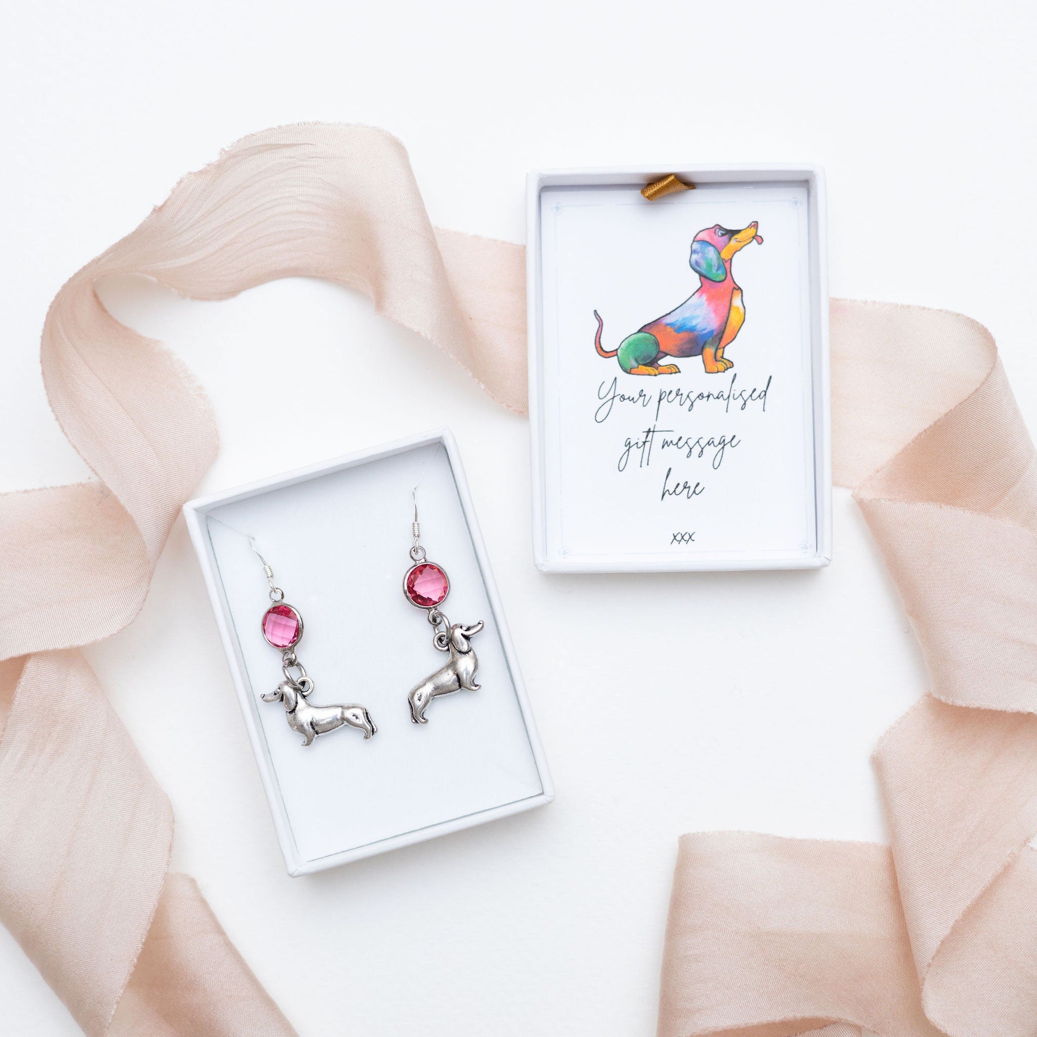 Dachshund earrings, birthstone jewellery, personalised gifts, birthday jewellery, sausage dog, new wiener puppy owner, pet loss memorial