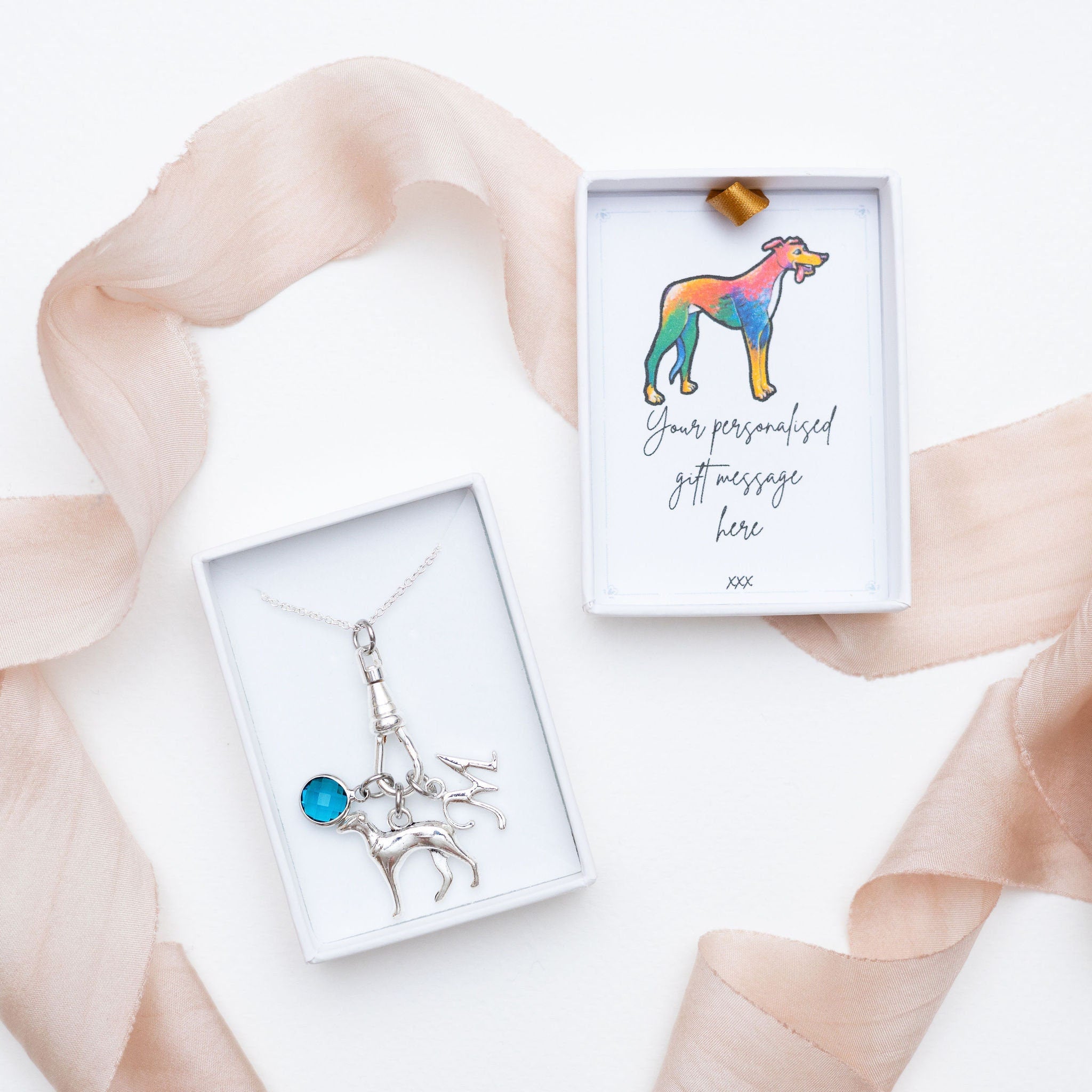 Greyhound necklace, albert swivel clasp, personalised gifts, dog owner jewellery, birthstone letter, dog walker gift, pet loss, new puppy
