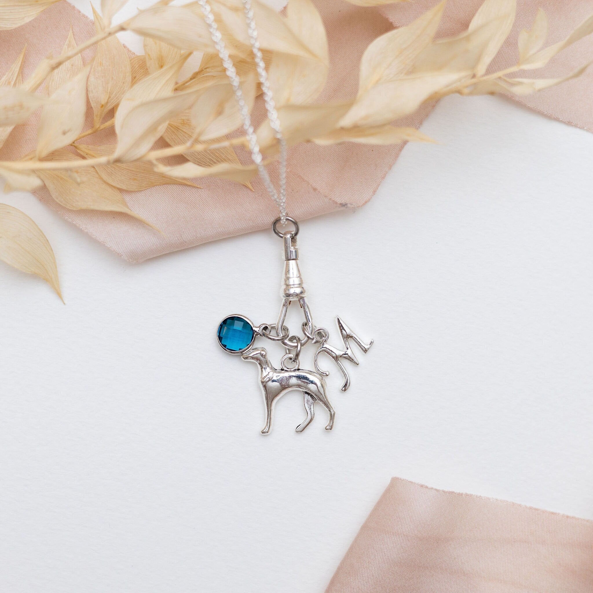 Greyhound Necklace: Personalised Birthstone & Letter Charm, Dog Lover Gift