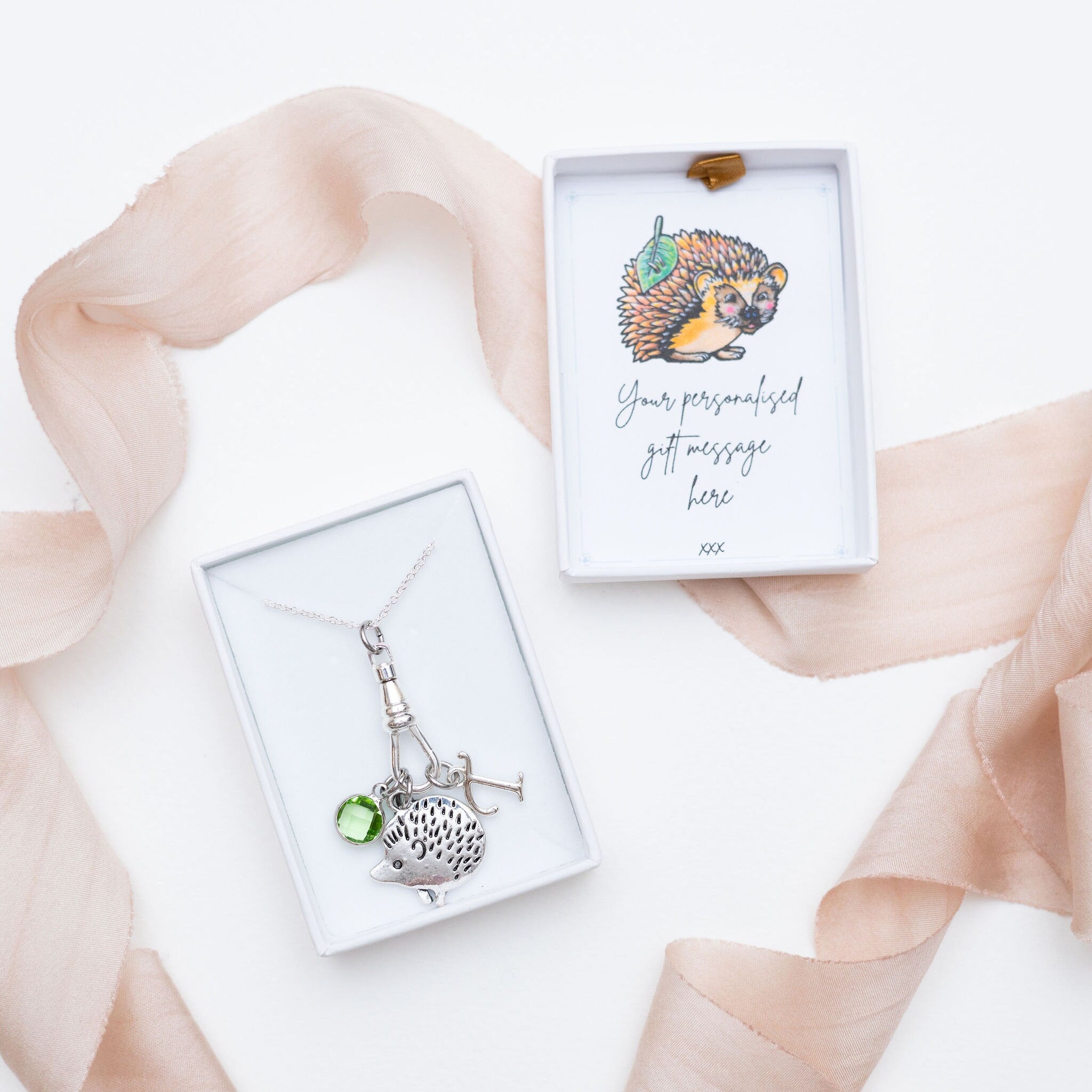 Hedgehog Charm Necklace: Personalised Birthstone & Letter, Albert Clasp