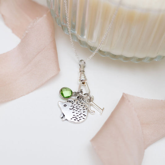 Hedgehog Charm Necklace: Personalised Birthstone & Letter, Albert Clasp