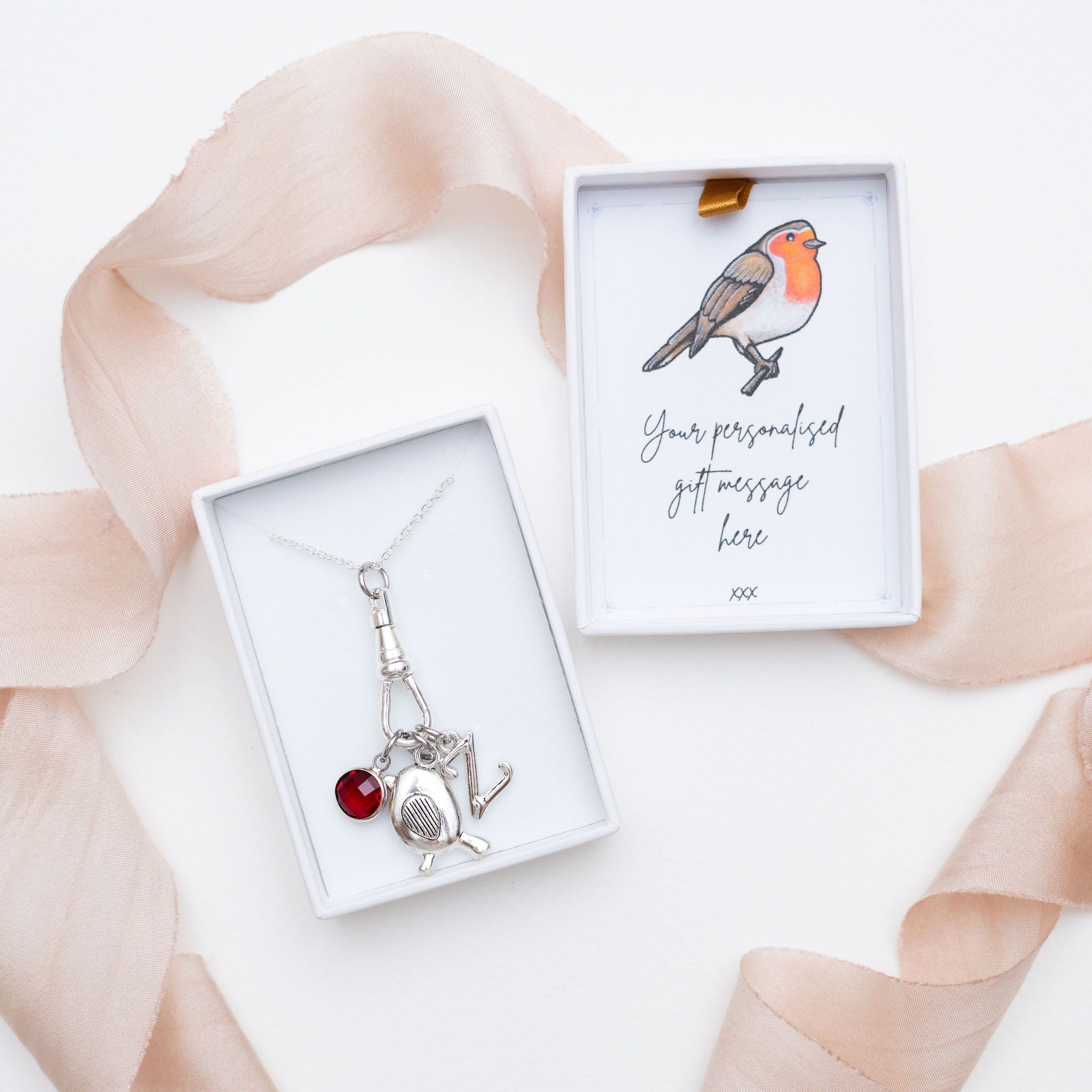Robin Charm Necklace: Personalised Initial, Birthstone, Albert Clasp