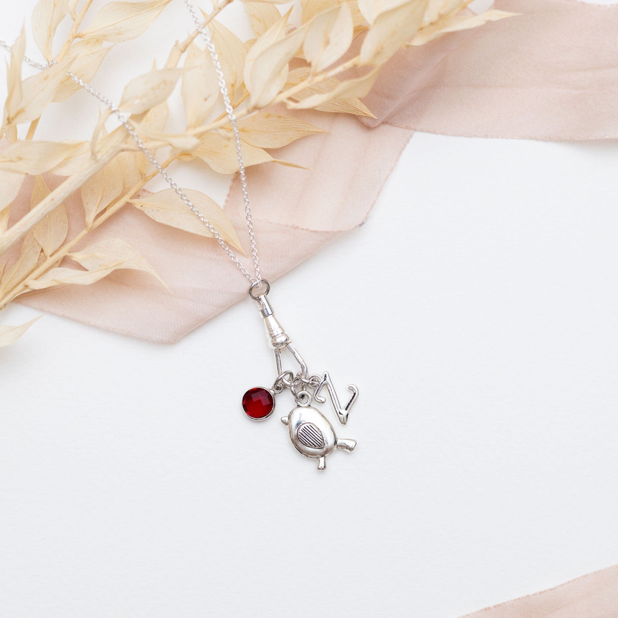 Robin Charm Necklace: Personalised Initial, Birthstone, Albert Clasp