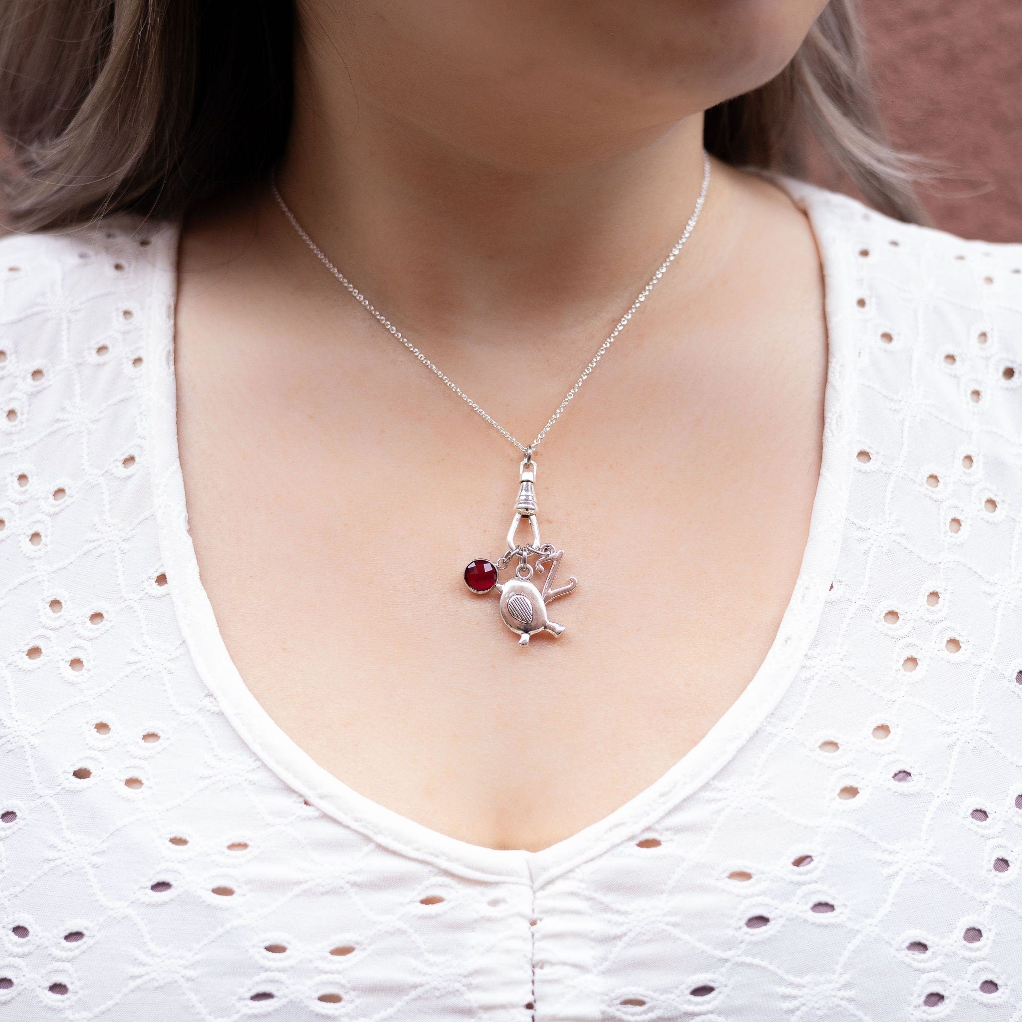 Robin Charm Necklace: Personalised Initial, Birthstone, Albert Clasp