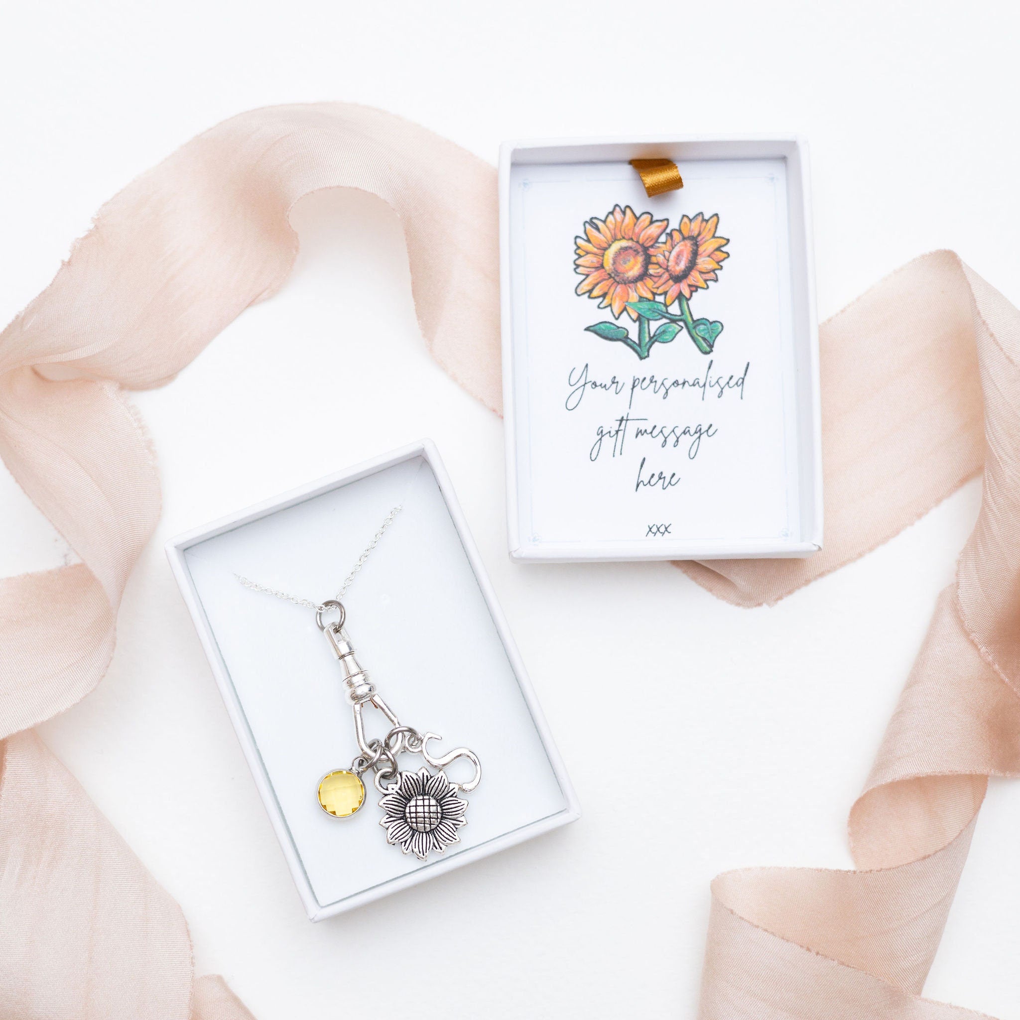 Personalised Sunflower Charm Necklace: Birthstone & Initial, Gardener Gift