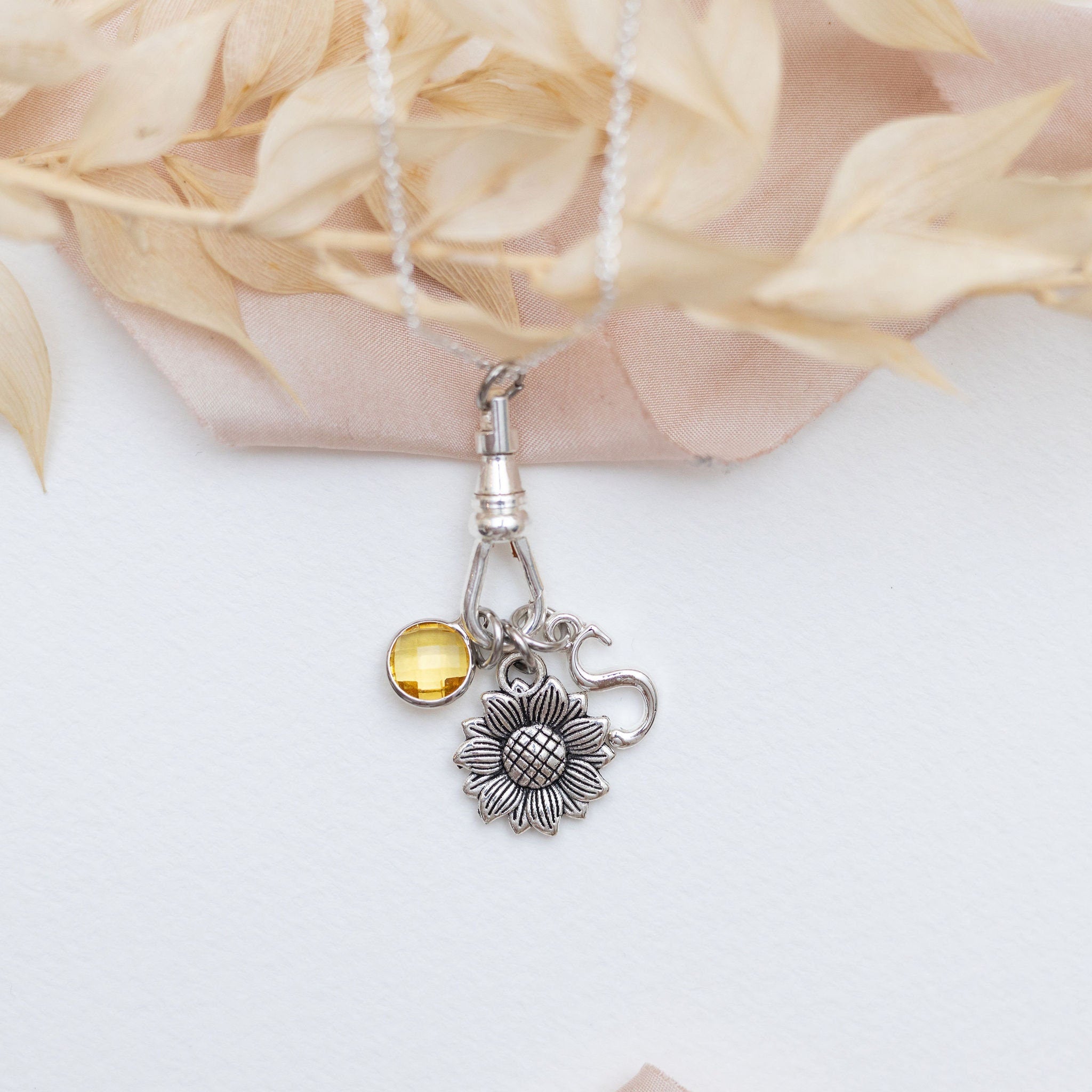 Personalised Sunflower Charm Necklace: Birthstone & Initial, Gardener Gift
