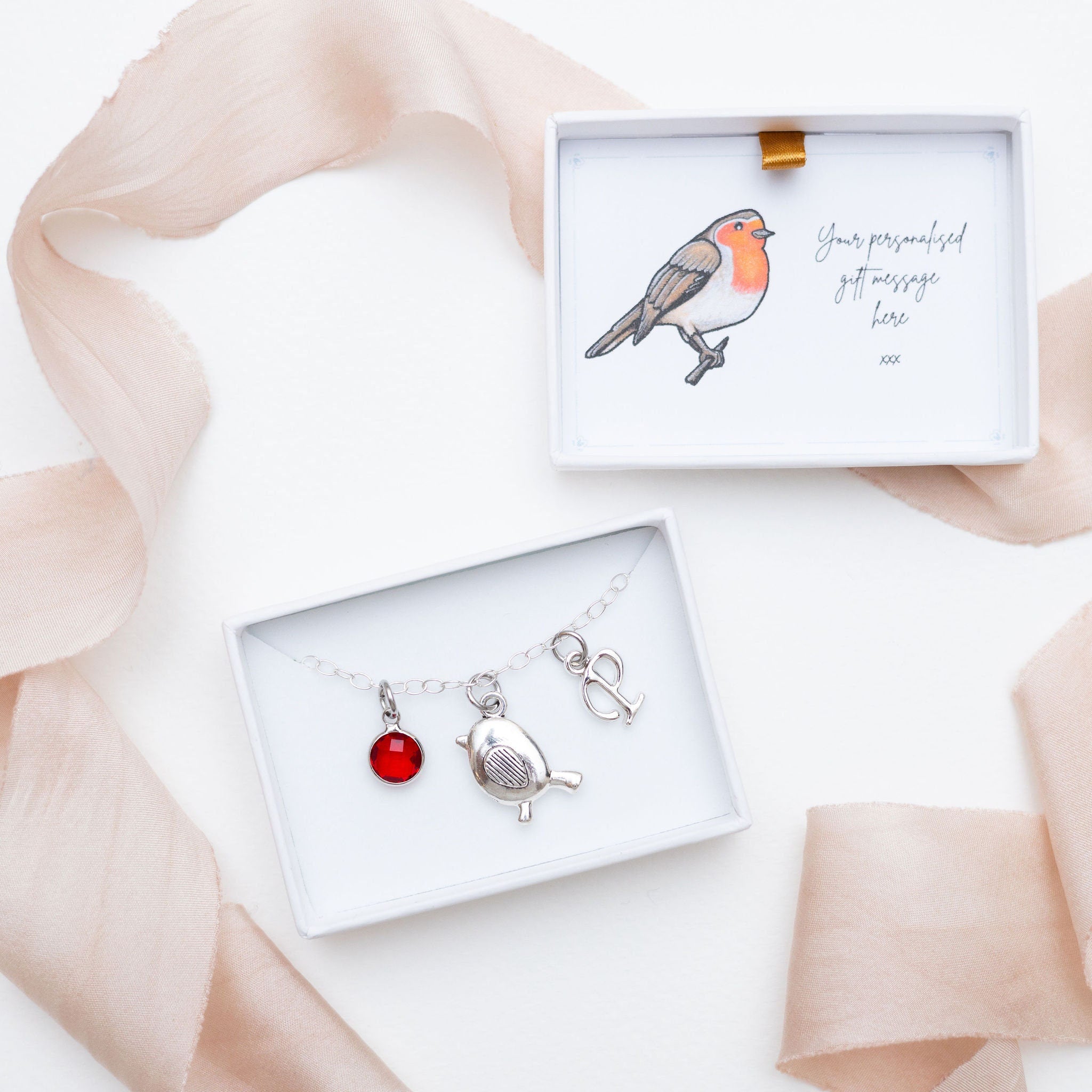 Robin bracelet, personalised gifts, bird jewellery, birthstone initial charm, remembrance feather, loss gift