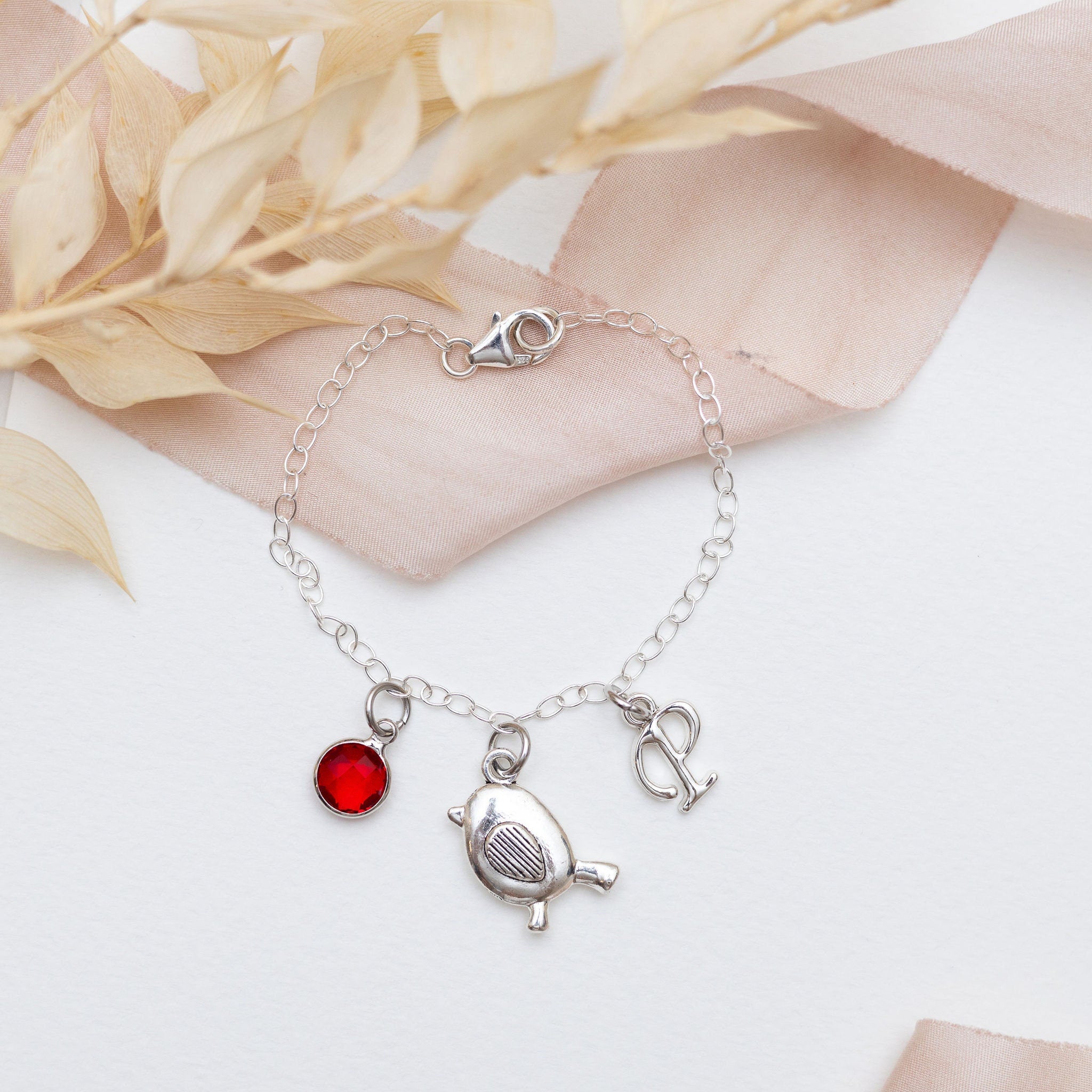 Robin bracelet, personalised gifts, bird jewellery, birthstone initial charm, remembrance feather, loss gift