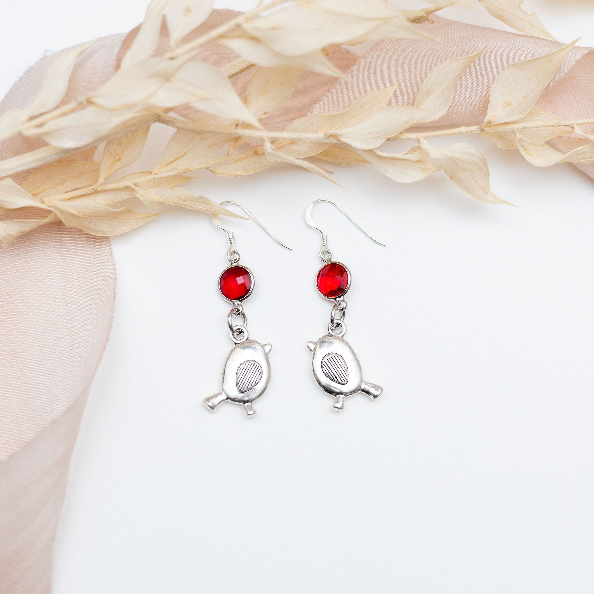 Robin earrings, birthstone jewellery, personalised gifts, charm drop earrings, bird jewellery, remembrance gift