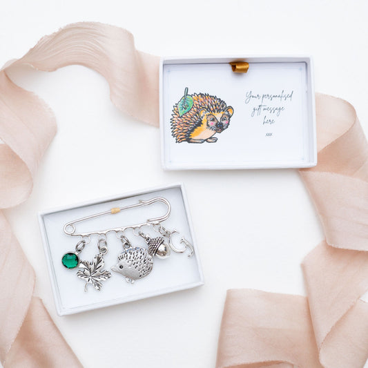 Hedgehog brooch, personalised gifts, birthstone and letter, Autumn kilt pin, acorn accessory, animal jewellery, birthstone initial letter
