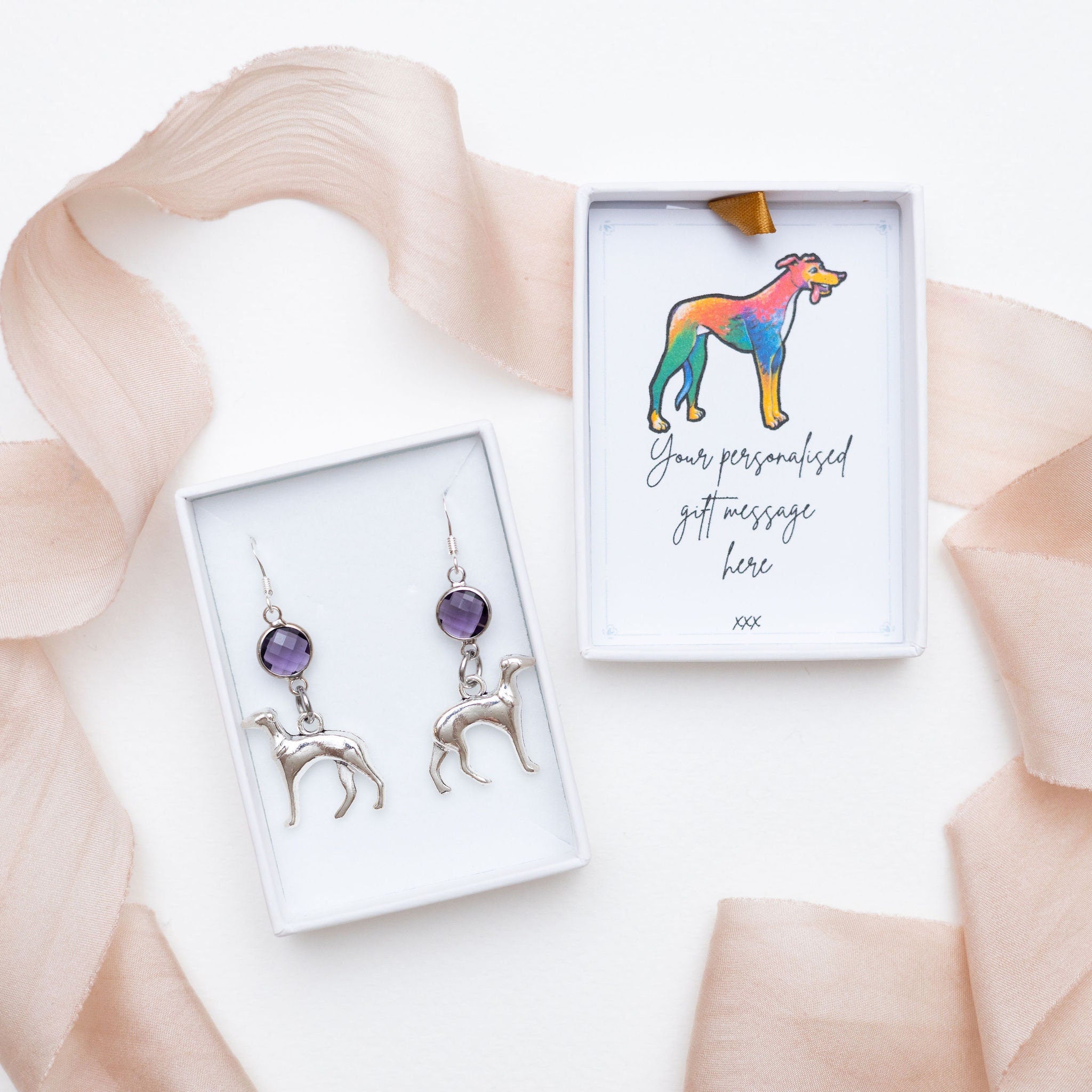 Greyhound earrings, birthstone jewellery, personalised gifts, dog hound earrings, new puppy owner, pet loss memorial, birthday keepsake
