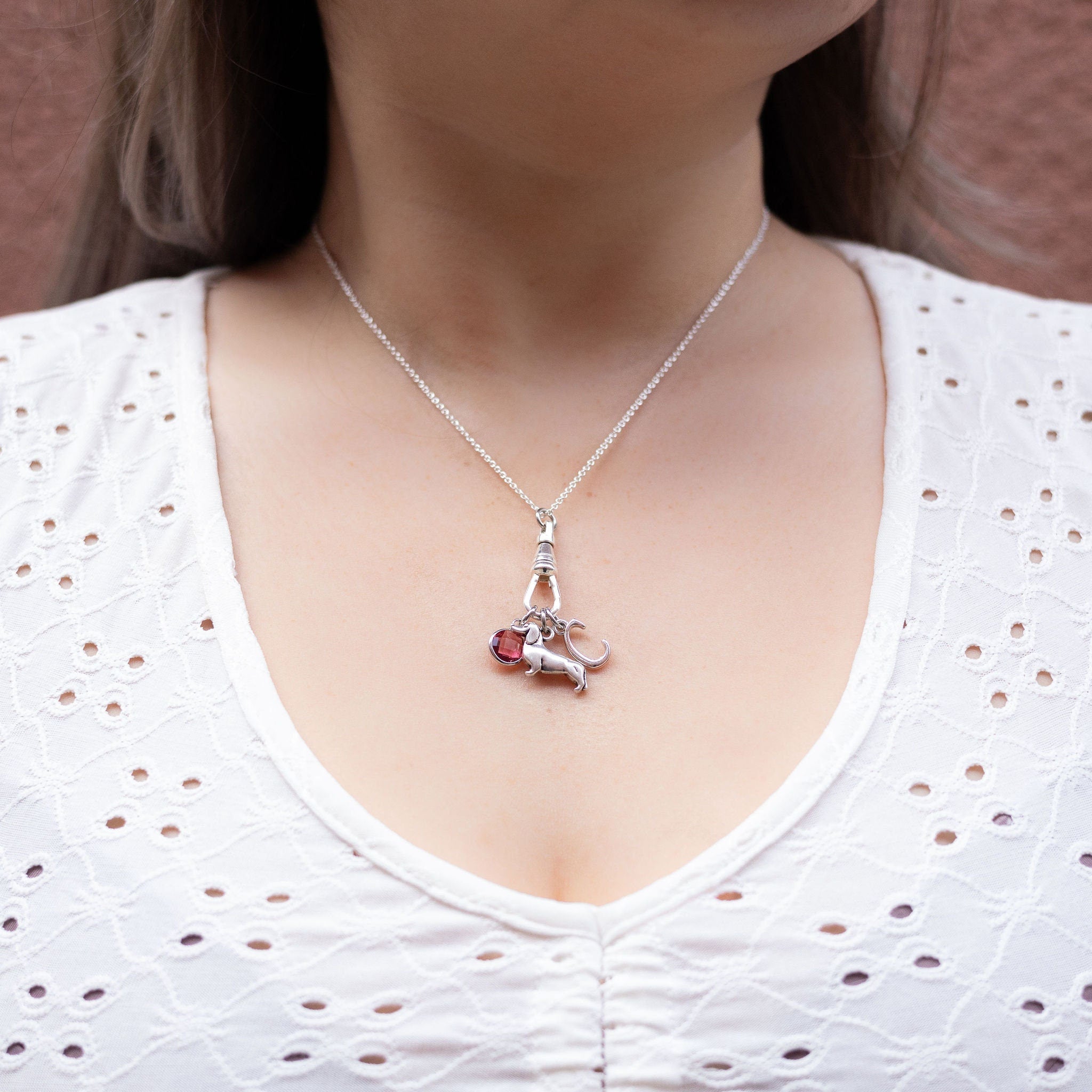 Dachshund Charm Necklace: Personalised Birthstone & Letter, Sausage Dog Jewellery