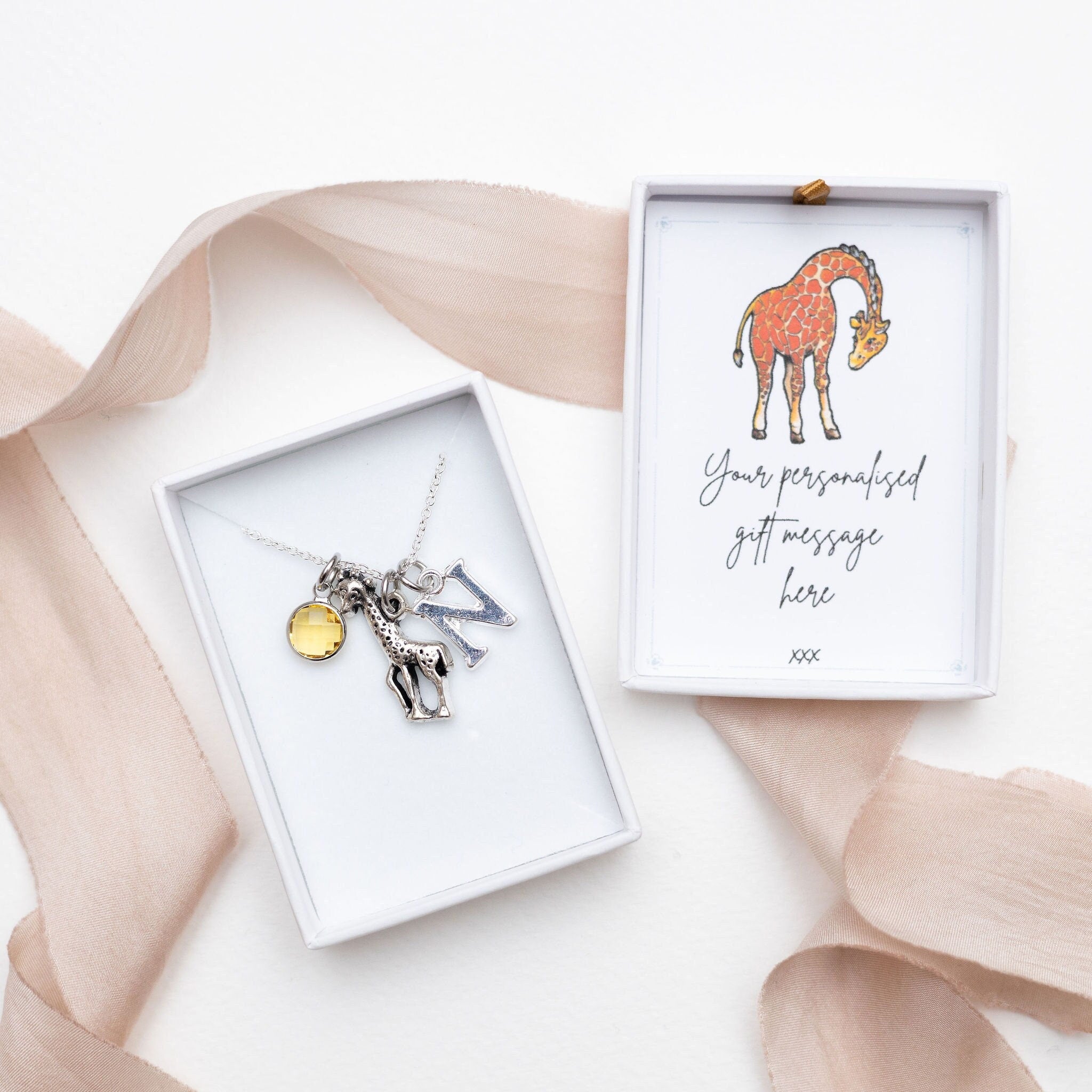 Giraffe necklace, personalised gifts, jungle animal gift, women's jewellery, birthstone initial letter charm, custom giraffe jewellery