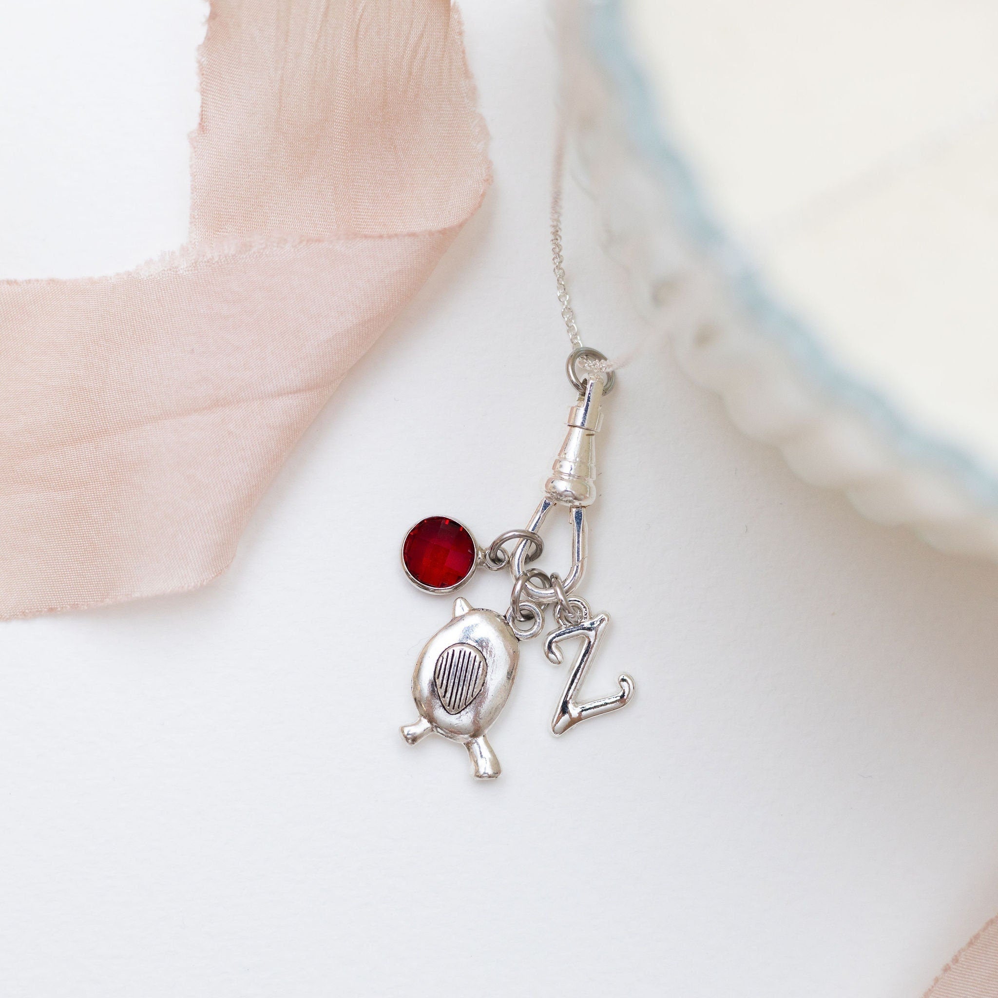 Robin Charm Necklace: Personalised Initial, Birthstone, Albert Clasp