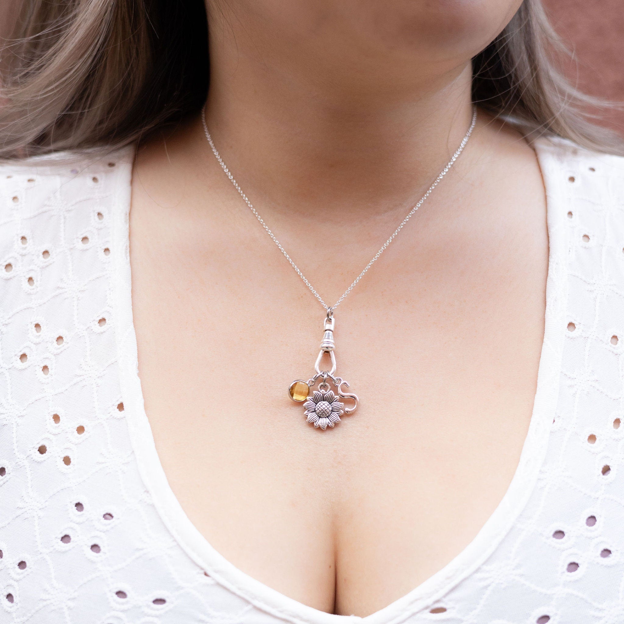 Sunflower necklace, albert swivel clasp, personalised gifts, flower jewellery, sunflower gift, charm necklace, friendship gift, gardener