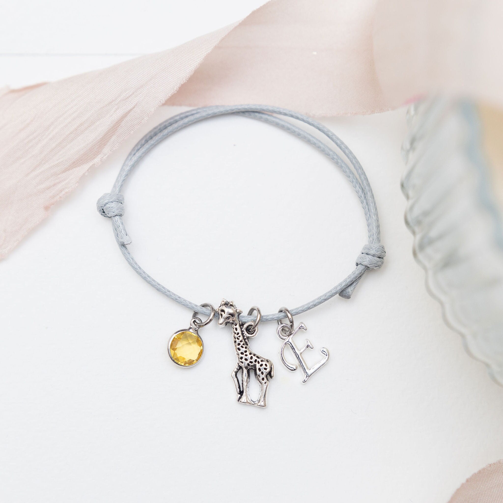 Giraffe bracelet, waxed cord adjustable, personalised gifts, jungle animal jewellery, giraffe gifts, custom for her, birthstone letter