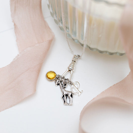 Giraffe Charm Necklace: Personalised Birthstone & Letter, Jungle Animal Jewellery