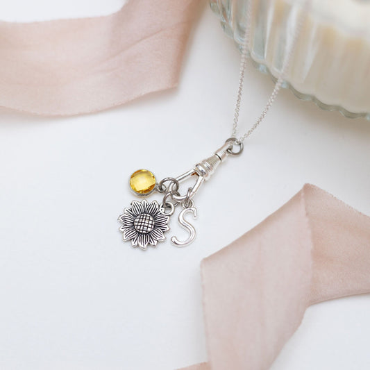 Sunflower necklace, albert swivel clasp, personalised gifts, flower jewellery, sunflower gift, charm necklace, friendship gift, gardener