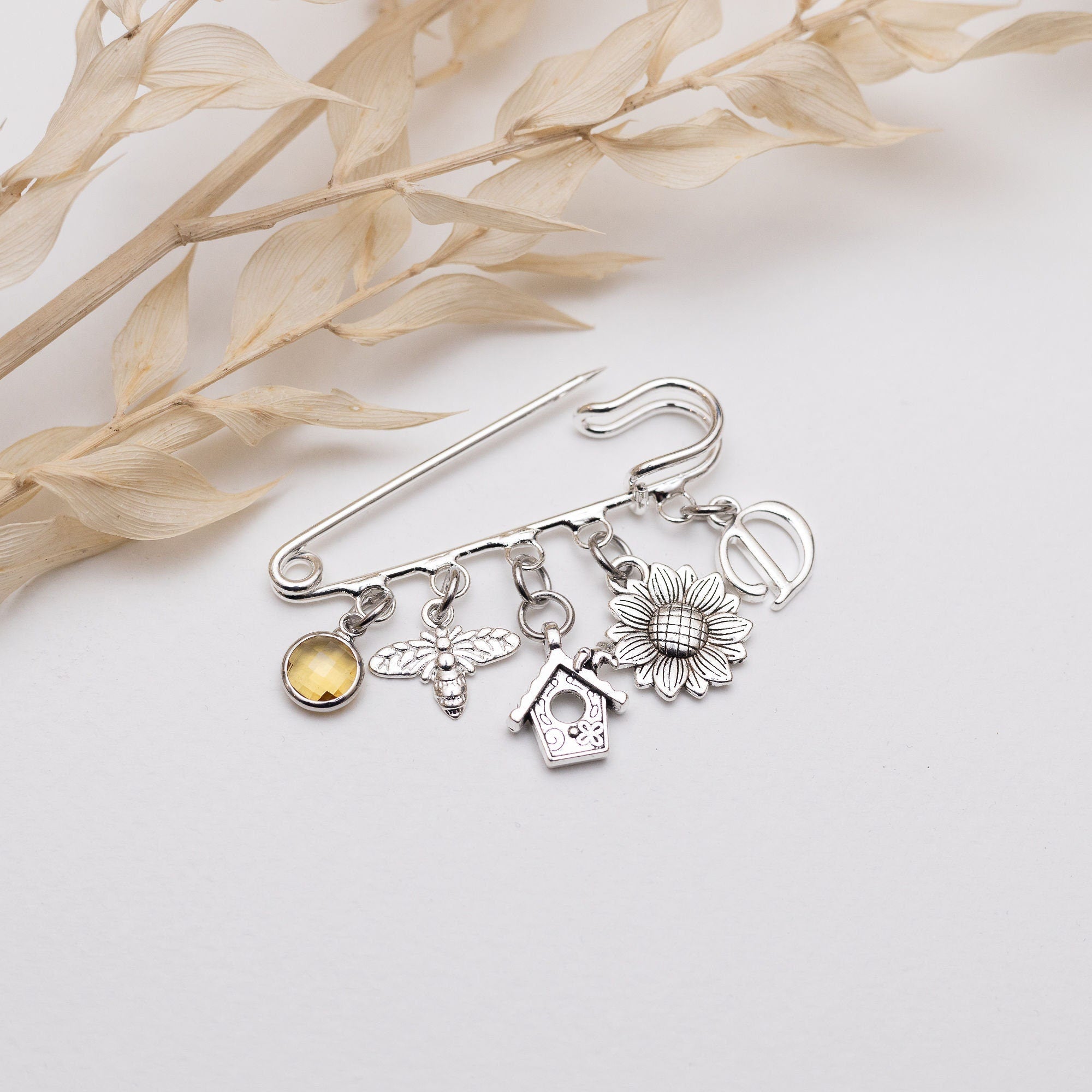 Sunflower Bee Brooch: Personalised Birthstone Letter Charm