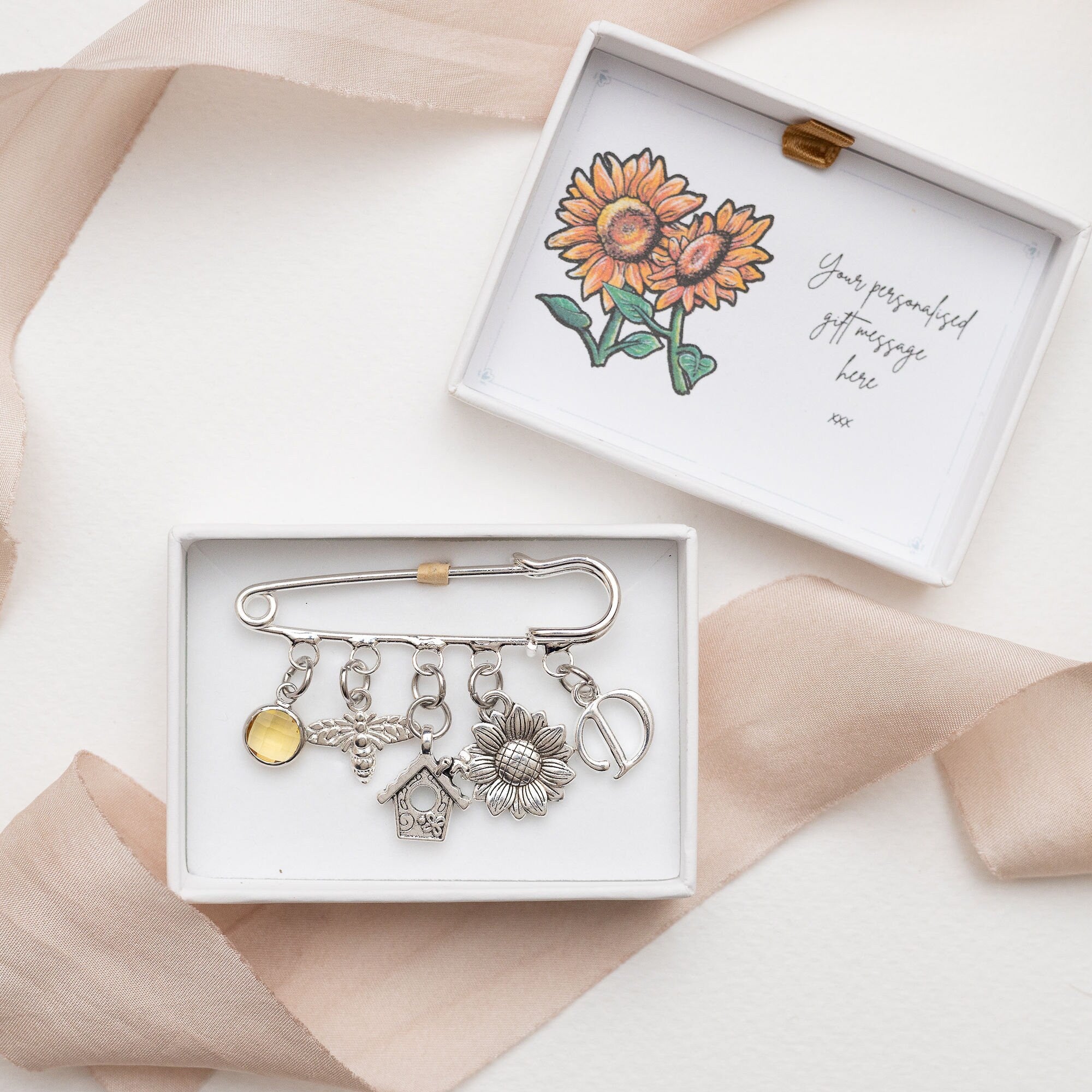 Sunflower bee brooch, personalised gifts, birthstone and letter, bird house charm, gift for gardener, flower theme present, wedding florist