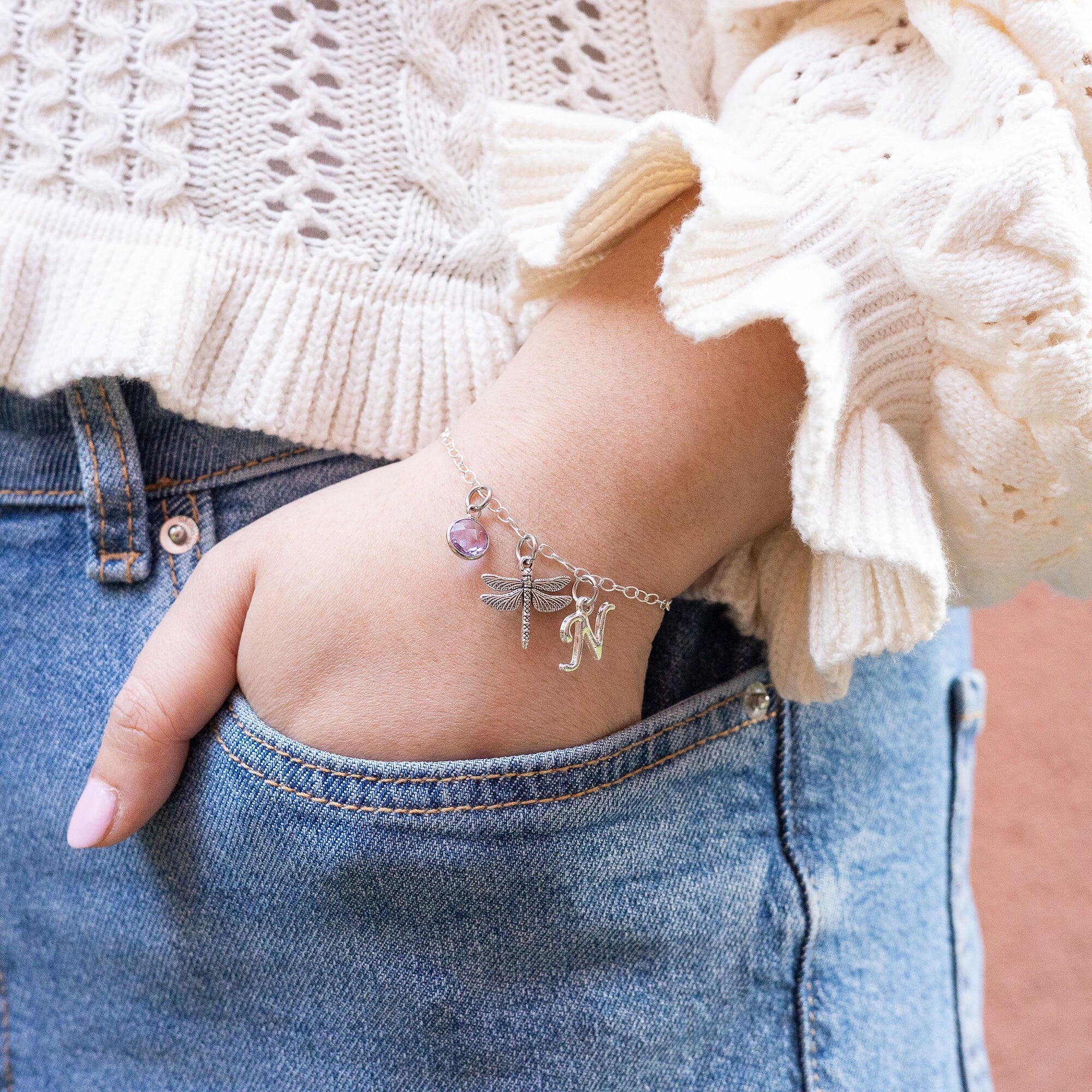 Dragonfly bracelet, personalised gifts, insect jewellery, gift for gardener, friendship keepsake, dragonfly gift, birthstone letter