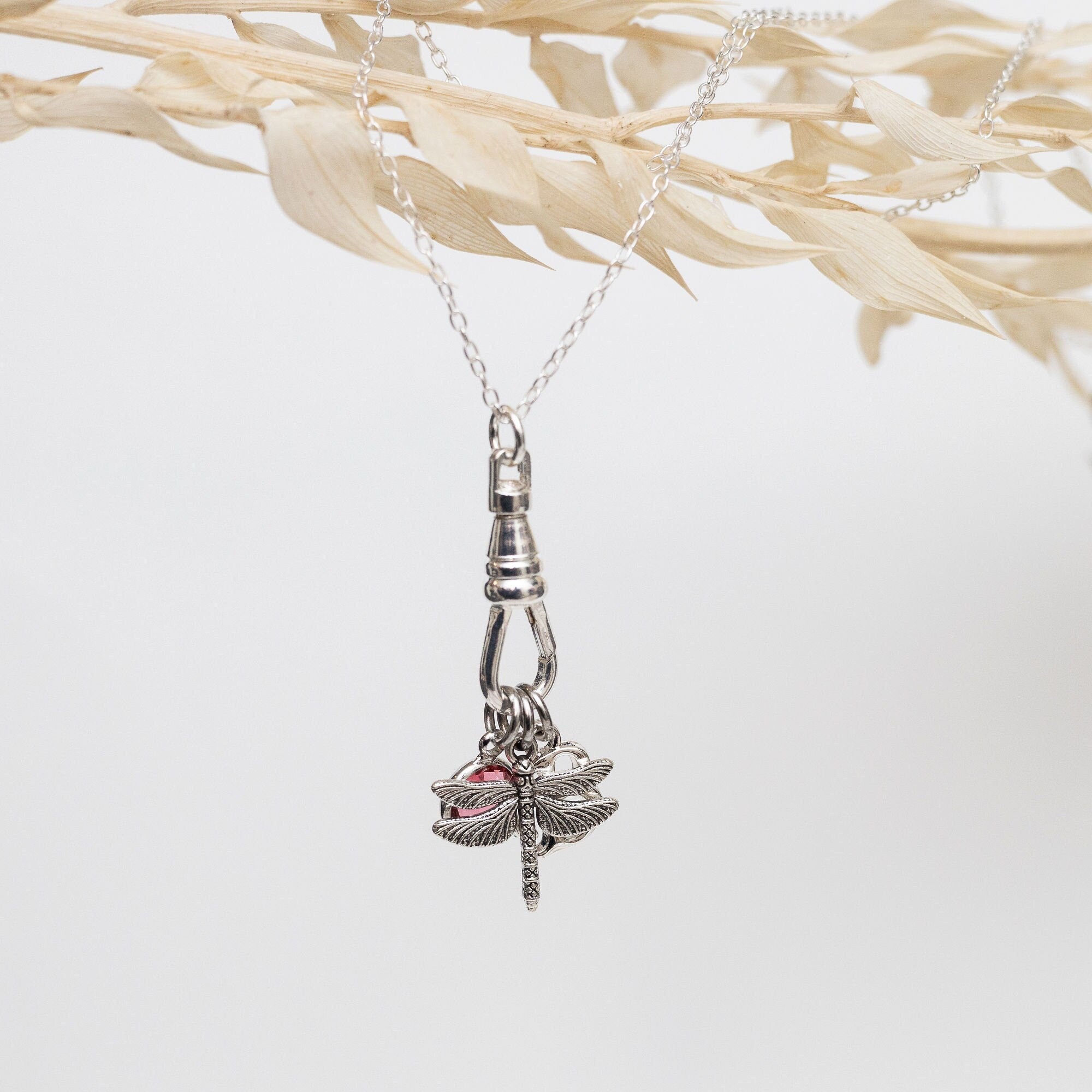 Dragonfly Charm Necklace: Personalised Birthstone, Letter, Swivel Clasp
