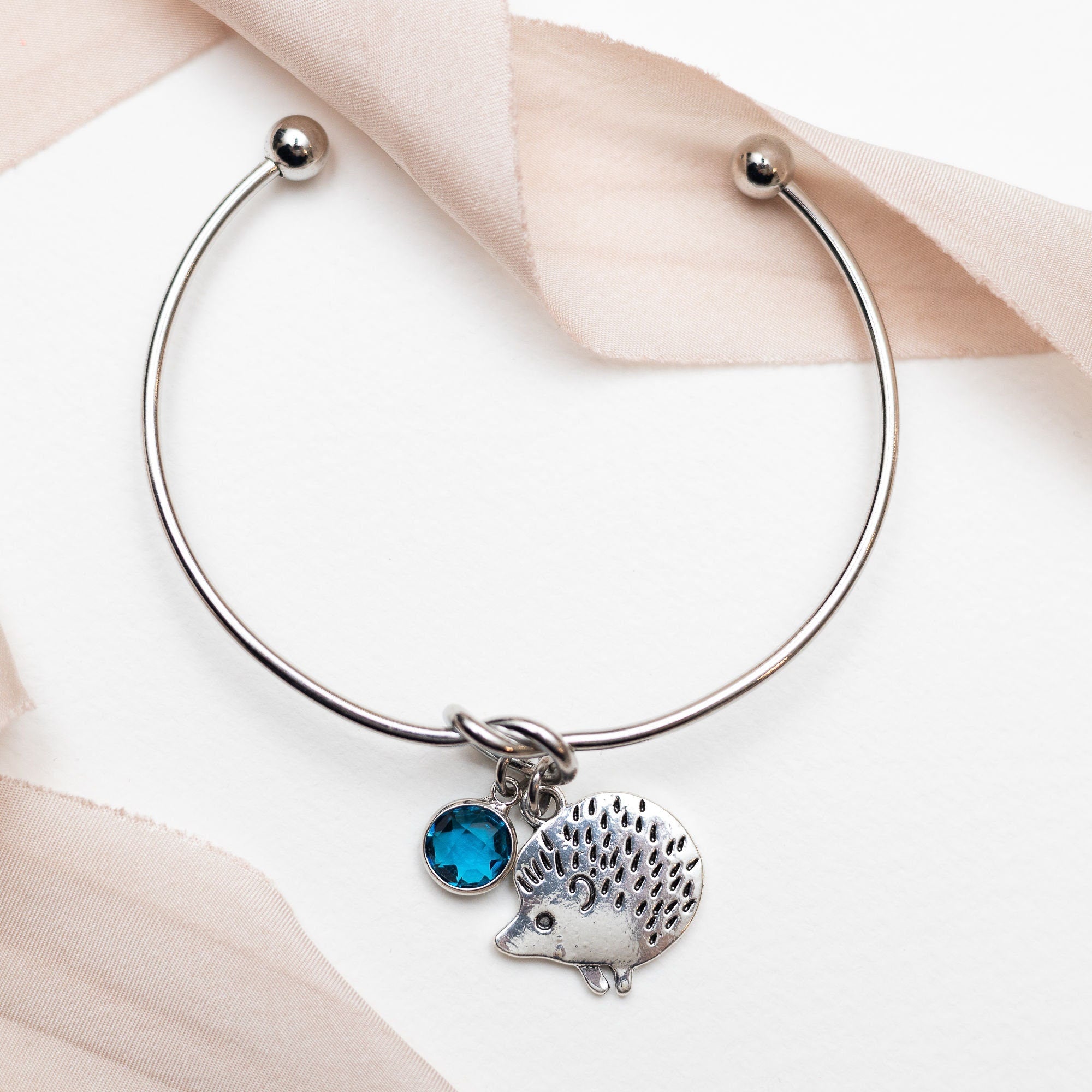 Hedgehog Bangle: Stainless Steel Knot Bracelet with Birthstone Charm