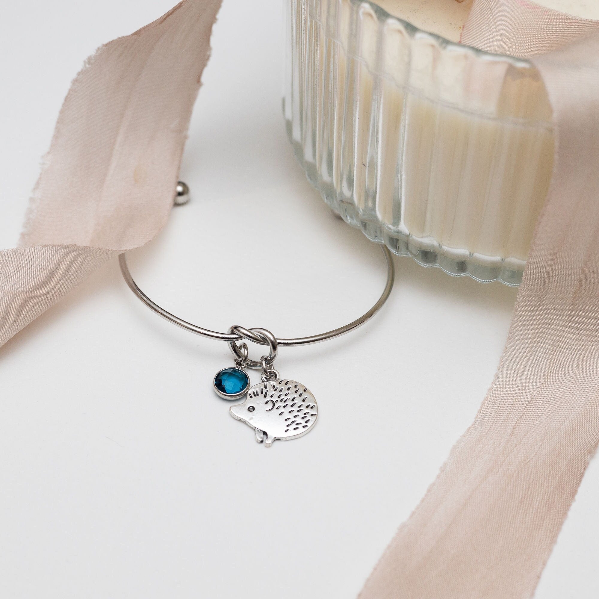 Hedgehog Bangle: Stainless Steel Knot Bracelet with Birthstone Charm
