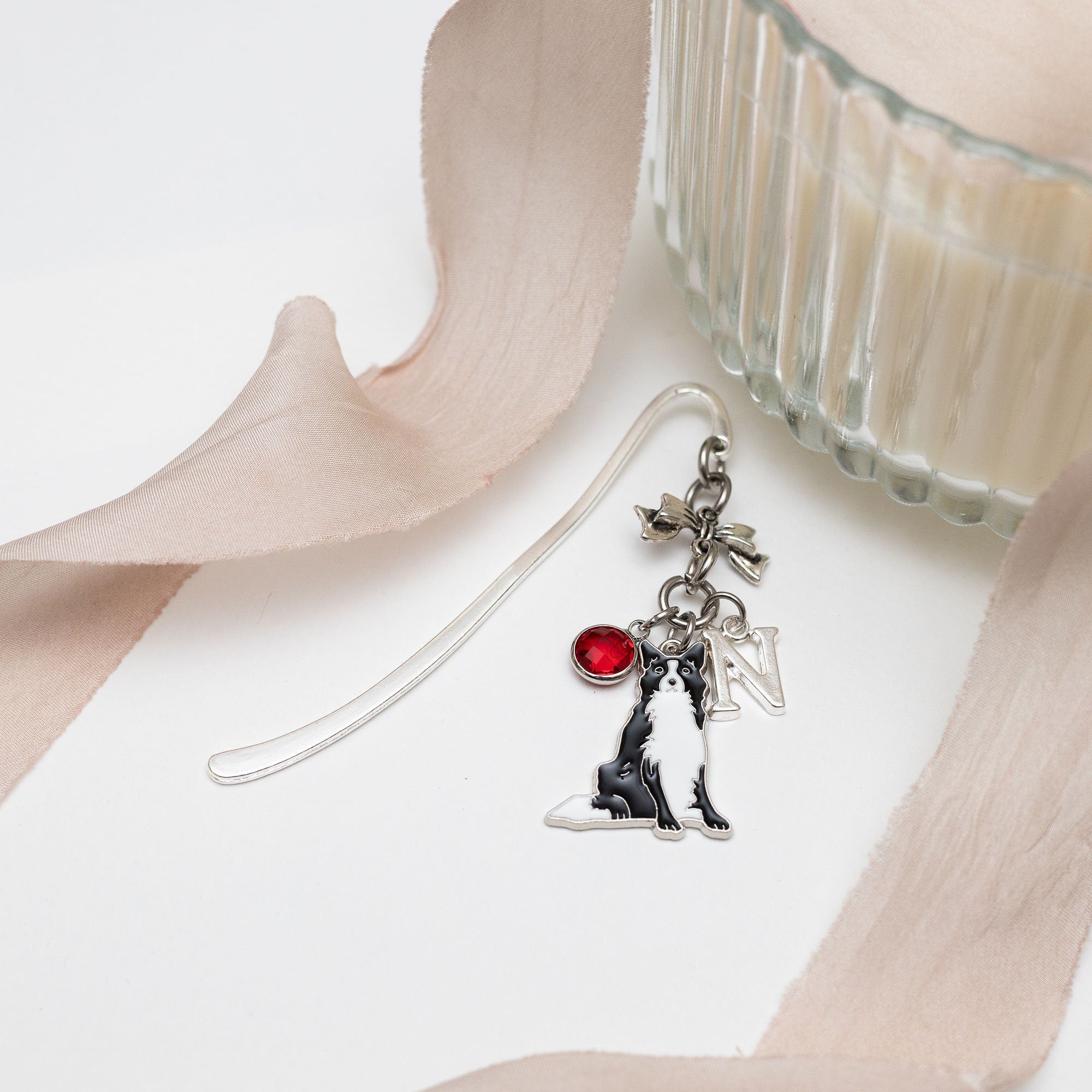 Border Collie Bookmark: Personalised Initial & Birthstone Charm