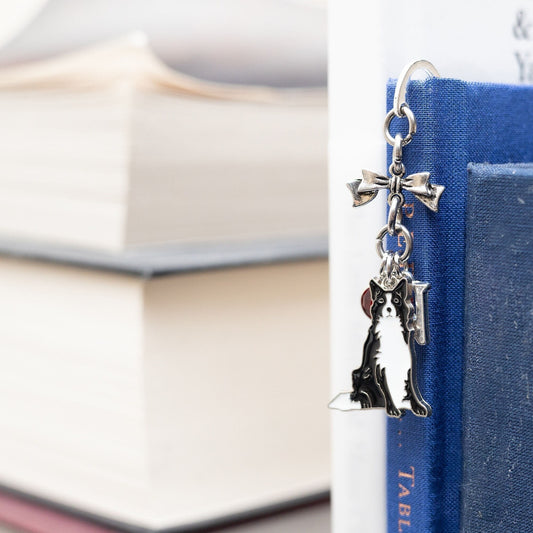 Border collie bookmark, personalised gifts, birthstone initial, metal charm page marker, sheep dog owner, farm animal accessory, pet loss