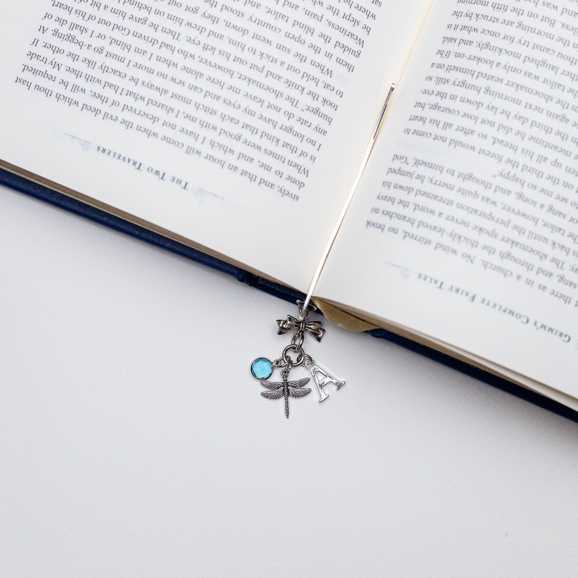Dragonfly bookmark, personalised gifts, birthstone initial, metal charm page marker, insect wing charm, dragonfly gifts