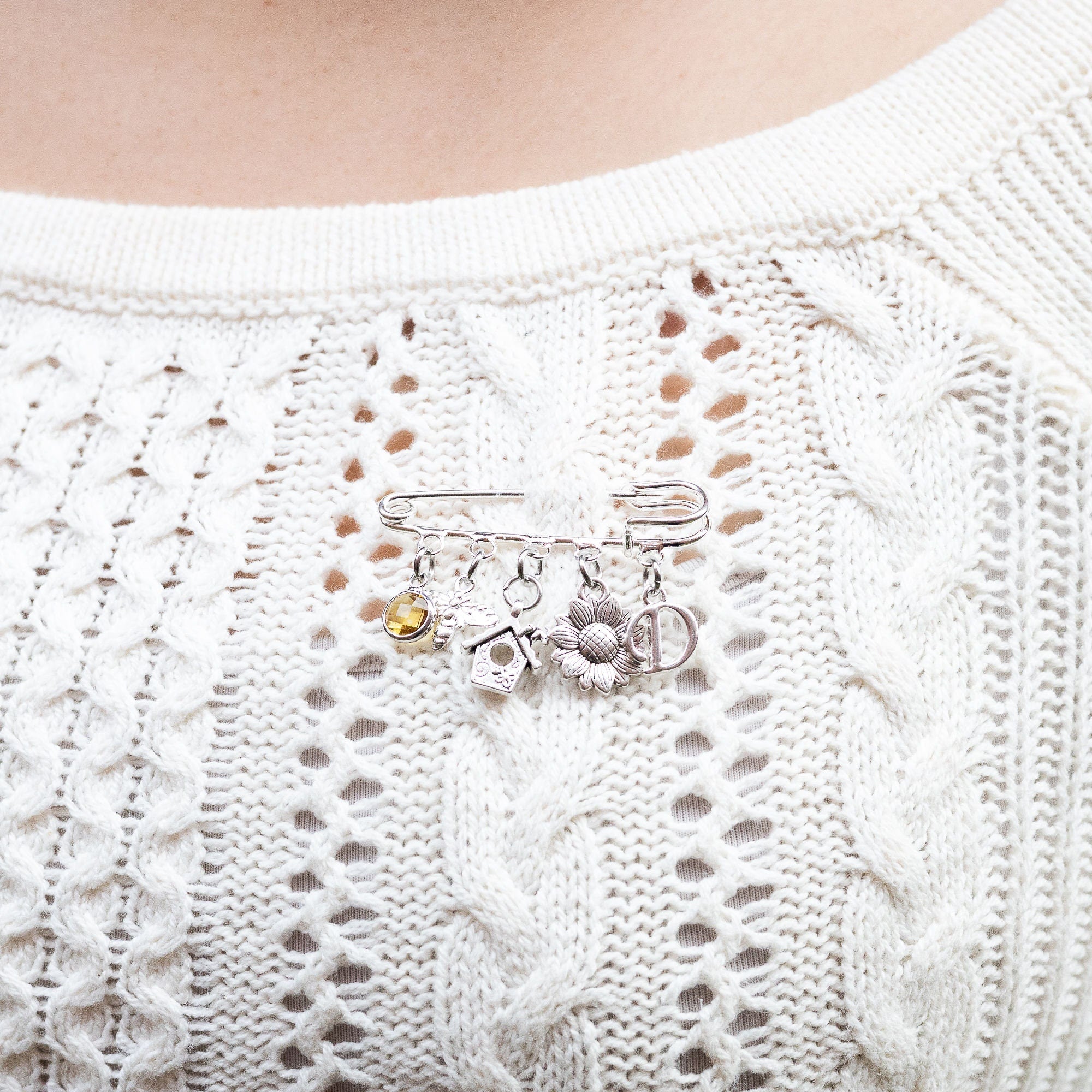 Sunflower Bee Brooch: Personalised Birthstone Letter Charm