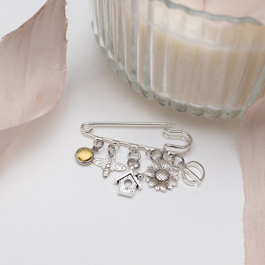 Sunflower bee brooch, personalised gifts, birthstone and letter, bird house charm, gift for gardener, flower theme present, wedding florist