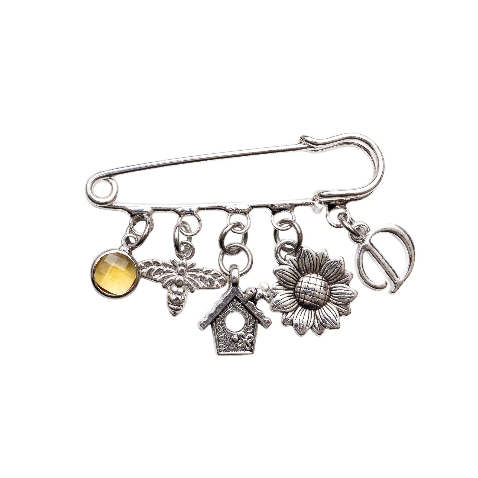 Sunflower Bee Brooch: Personalised Birthstone Letter Charm