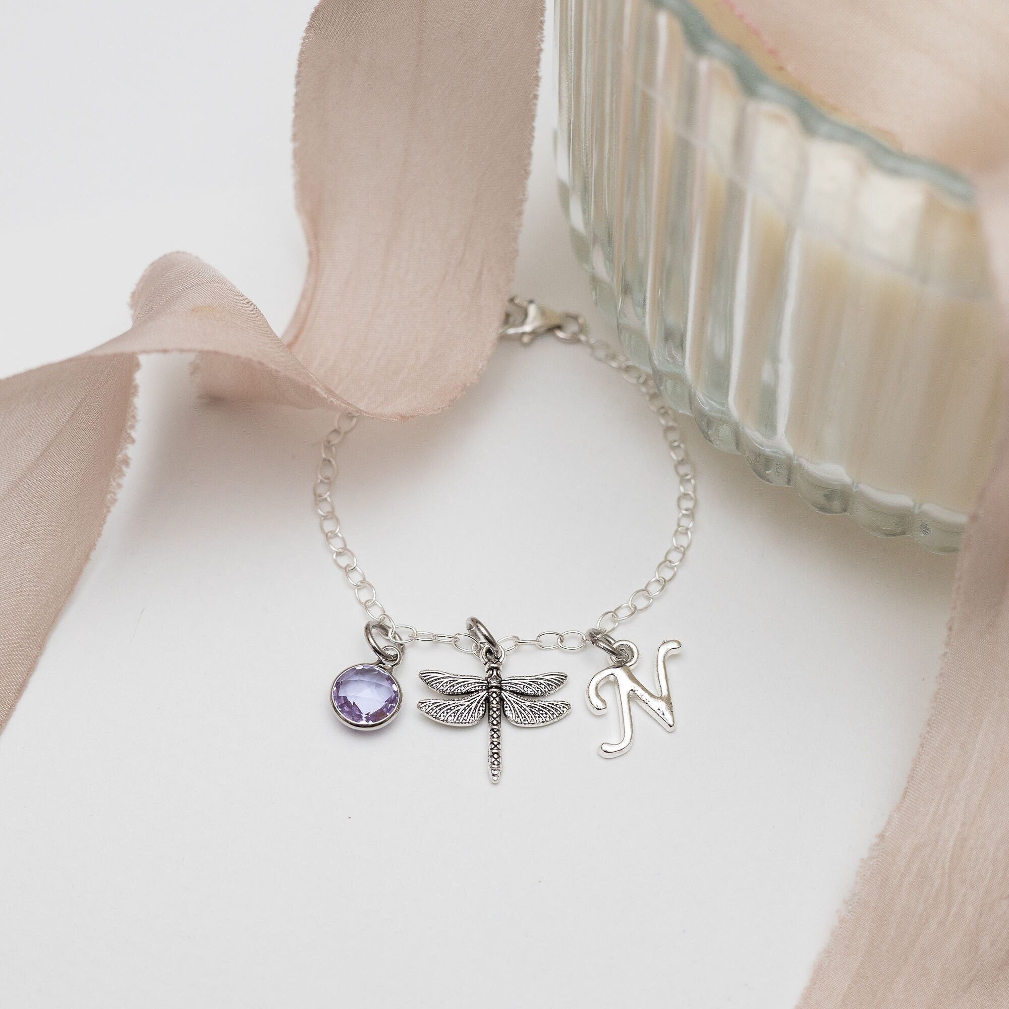 Dragonfly bracelet, personalised gifts, insect jewellery, gift for gardener, friendship keepsake, dragonfly gift, birthstone letter