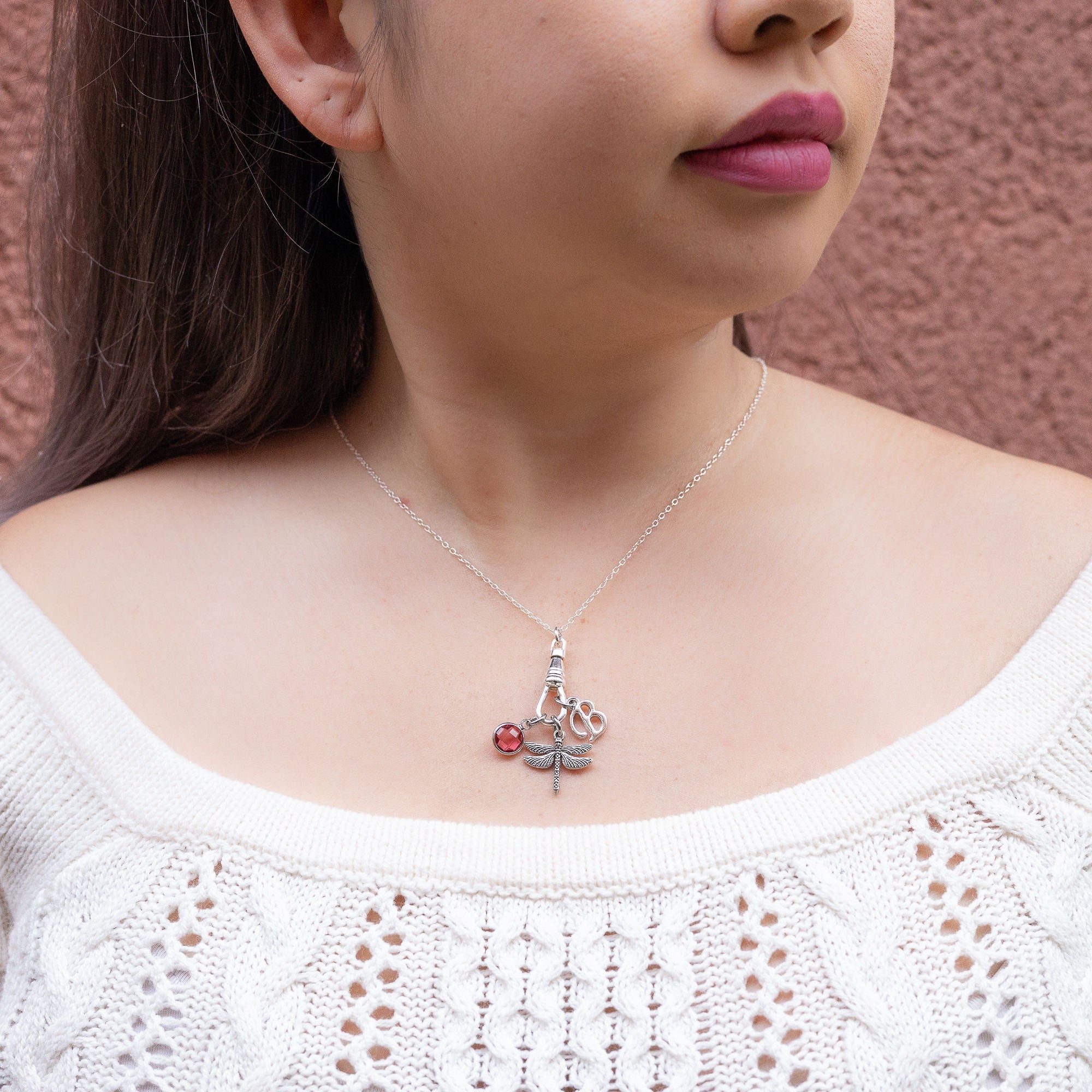 Dragonfly Charm Necklace: Personalised Birthstone, Letter, Swivel Clasp