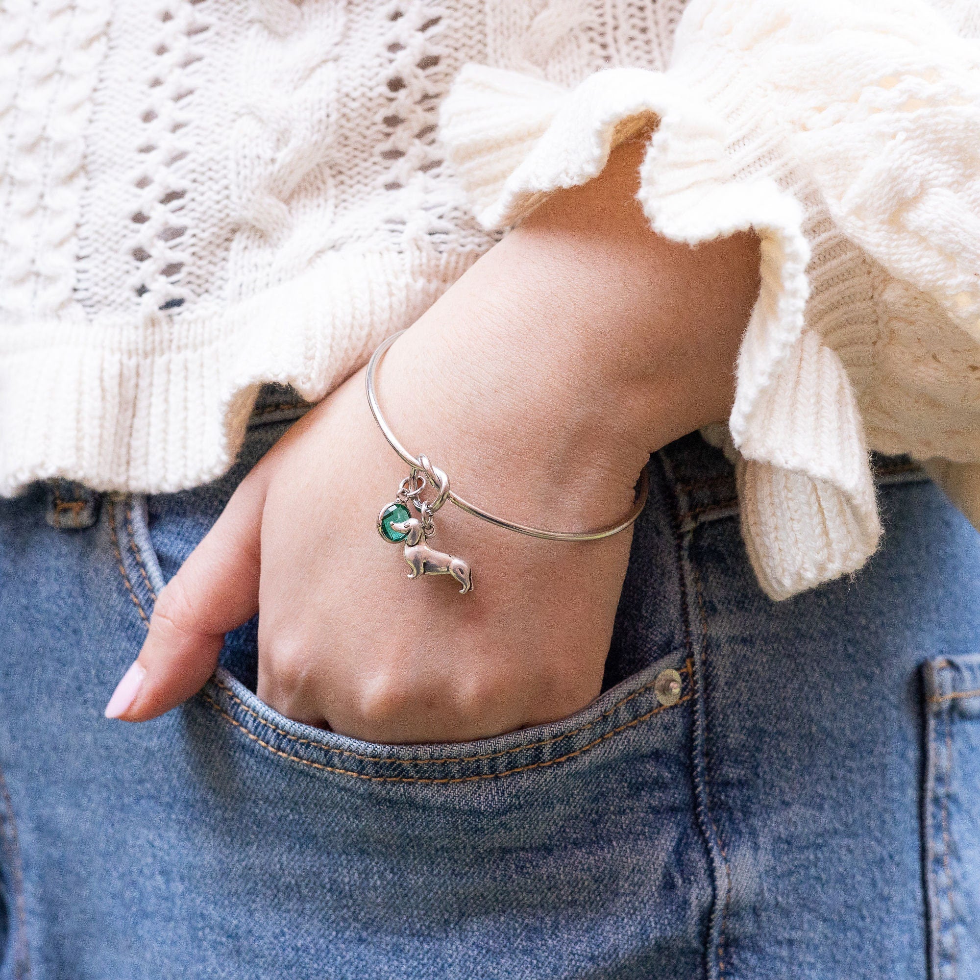 Dachshund Bangle: Knot Twist Dog Bracelet with Birthstone