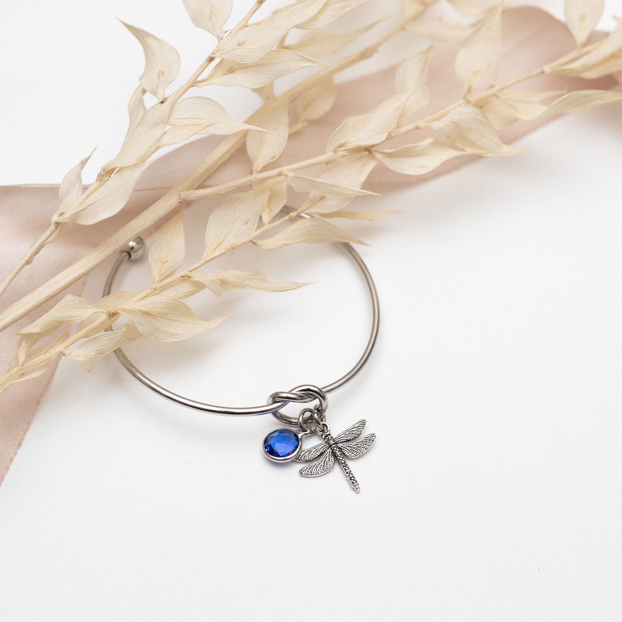 Dragonfly Bangle: Stainless Steel Knot Bracelet with Birthstone
