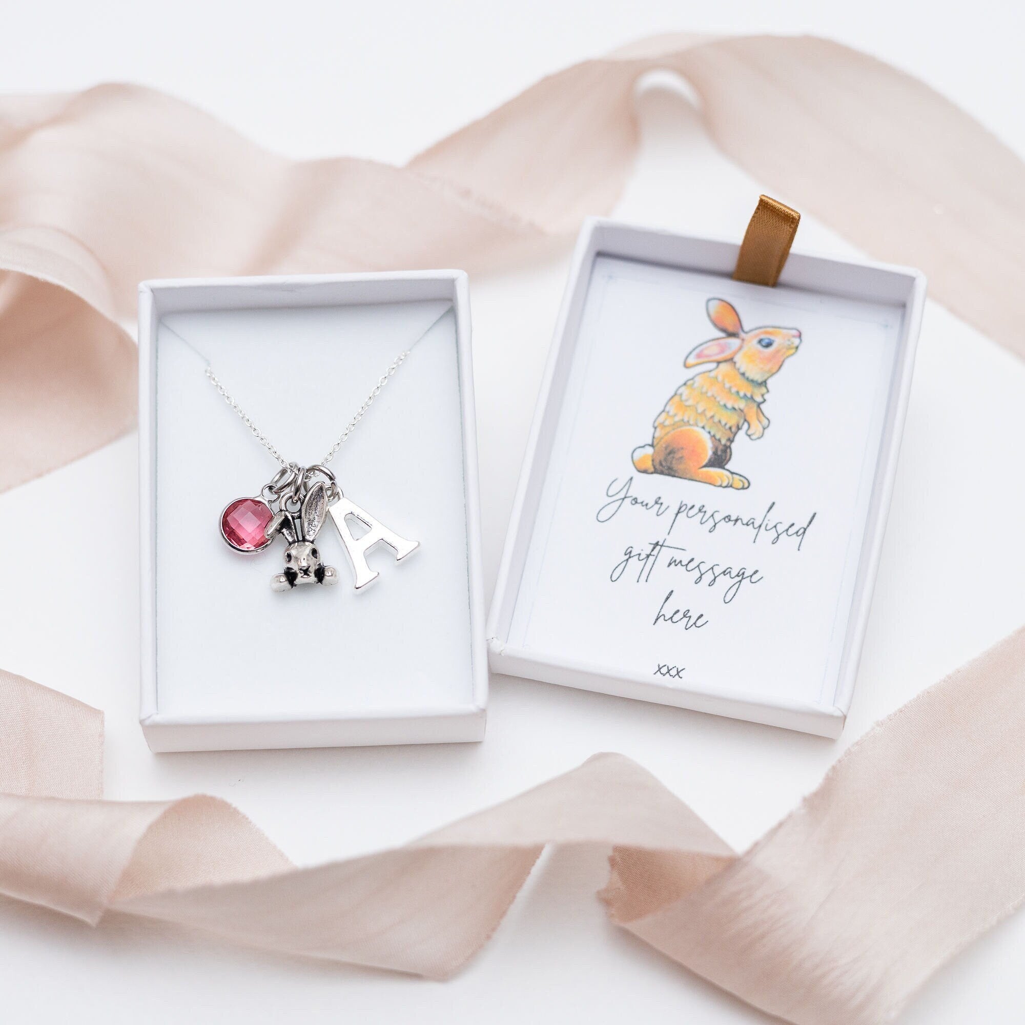 Rabbit necklace, personalised gifts, Easter 2025 jewellery, new bunny owner gift, pet loss remembrance, rabbit gift, birthstone letter