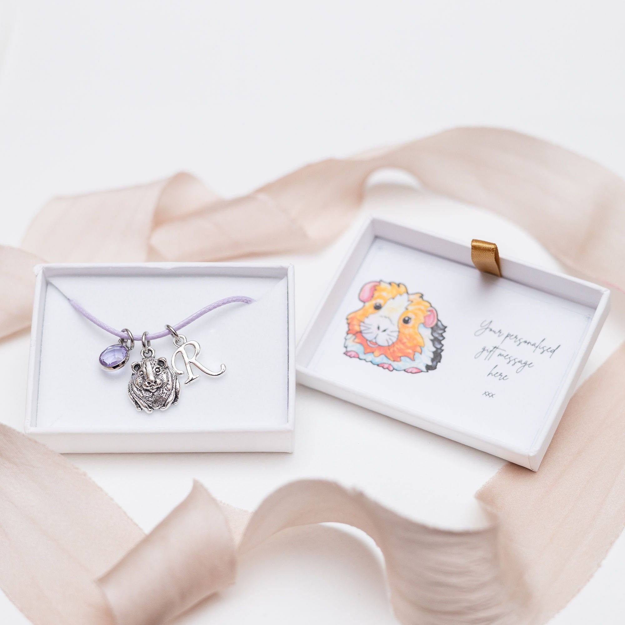 Waxed guinea pig charm bracelet, adjustable cord jewellery, personalised gifts, birthstone letter, pet loss, cute animal rodent,