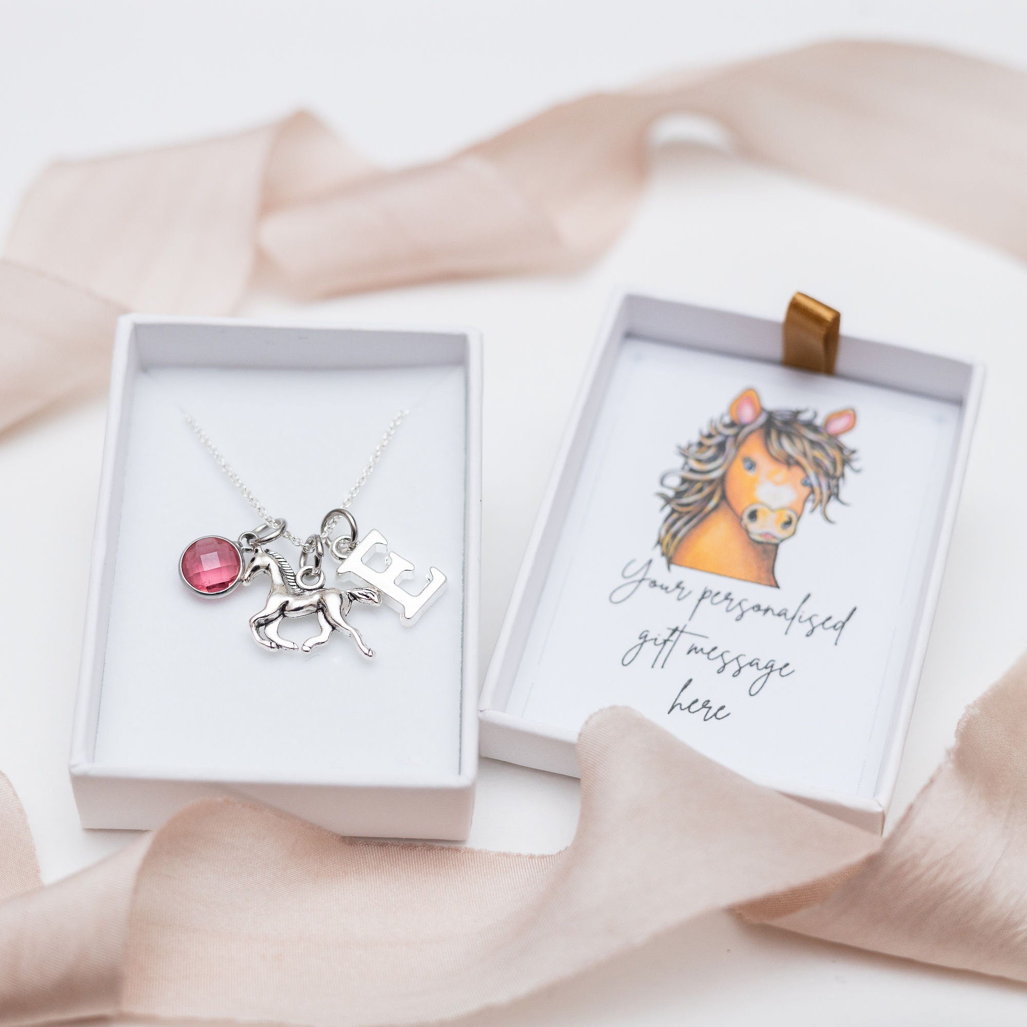 Horse Necklace: Personalised Birthstone Initial Charm, Equestrian Jewellery