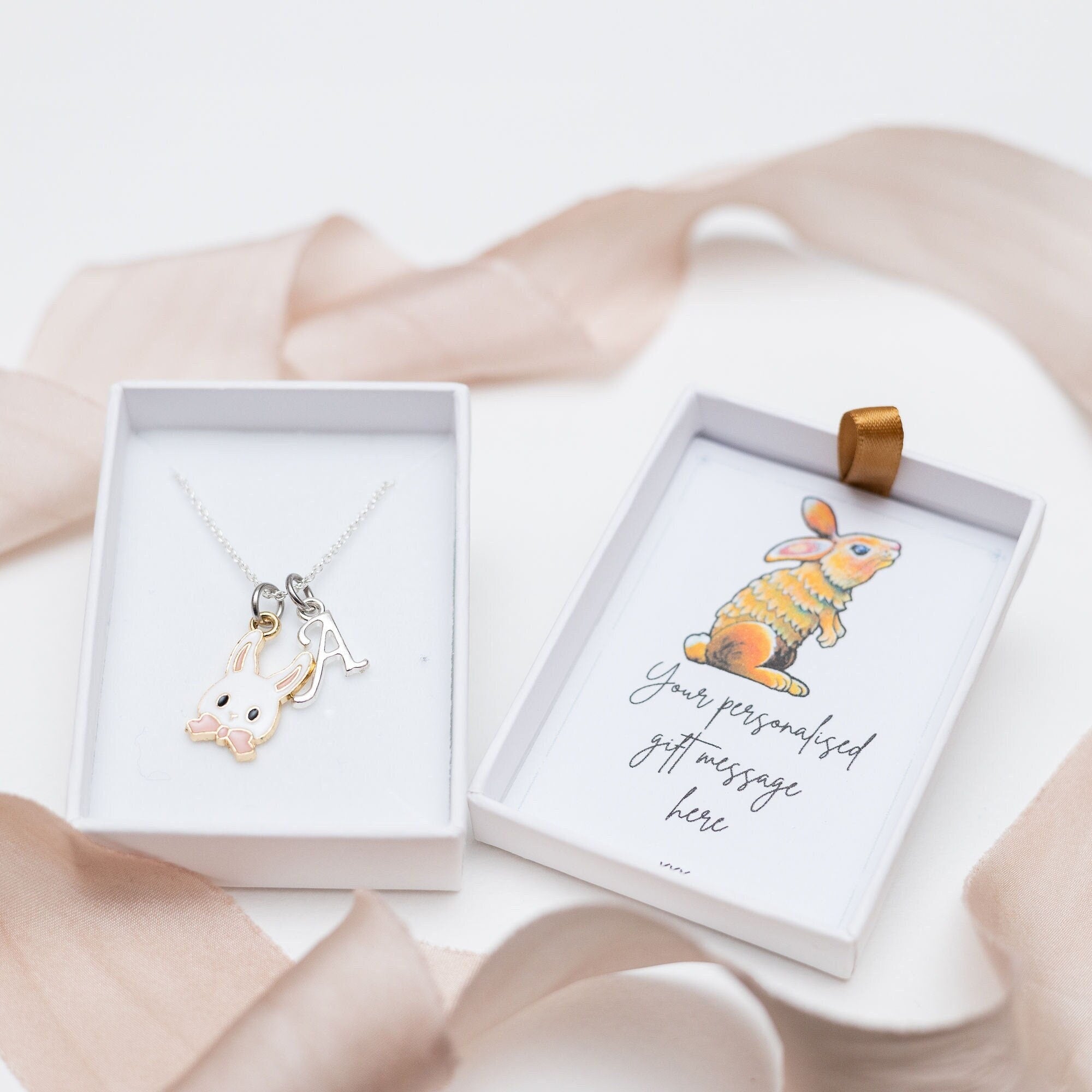 Rabbit necklace, personalised gifts, pink bow, Easter bunny jewellery, Easter 2025 gifts, white rabbit gift, pet loss, letter charm