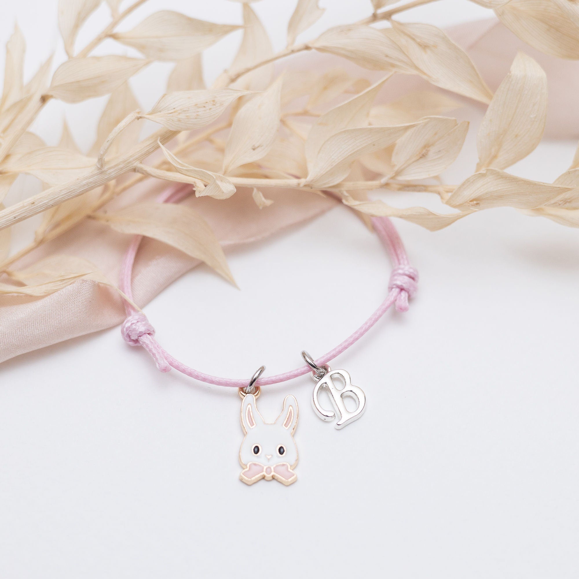 Rabbit bracelet, Easter bunny jewellery, pink bow, personalised gifts, waxed cord adjustable bracelet, letter charm, Easter gift