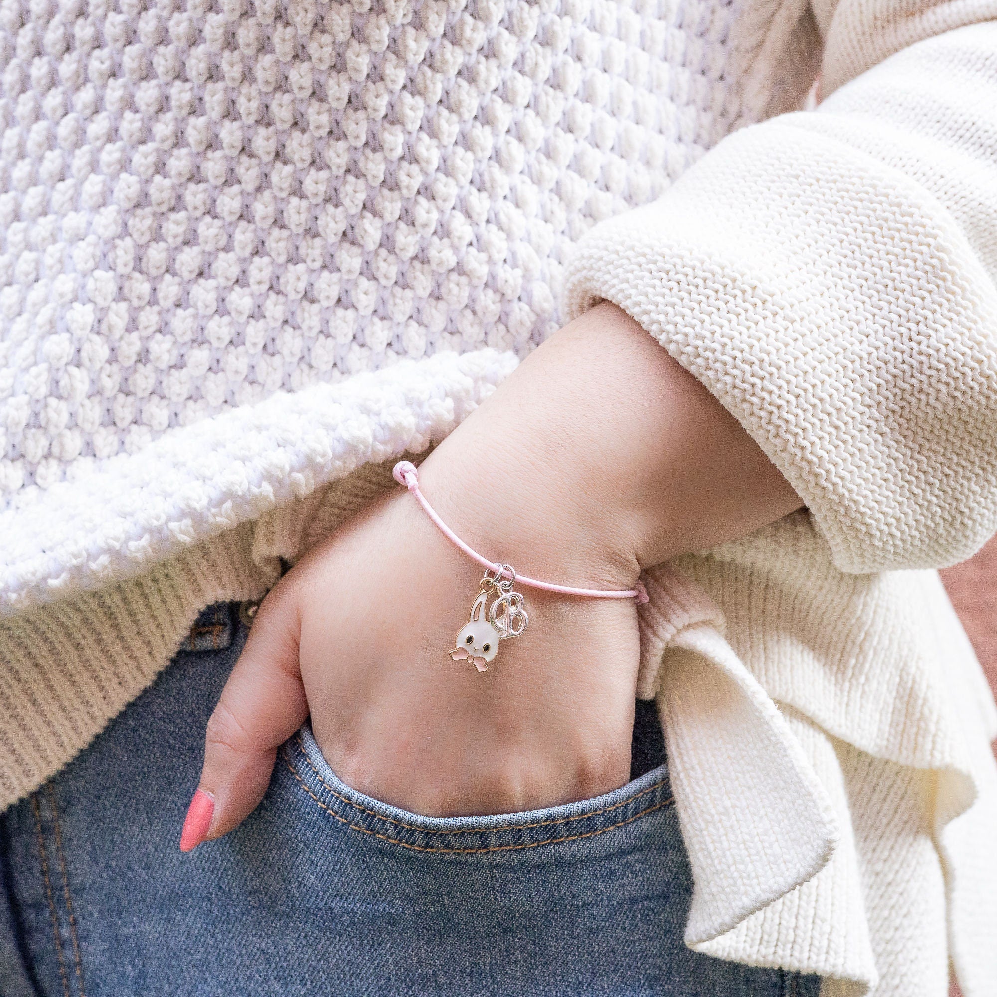 Rabbit bracelet, Easter bunny jewellery, pink bow, personalised gifts, waxed cord adjustable bracelet, letter charm, Easter gift