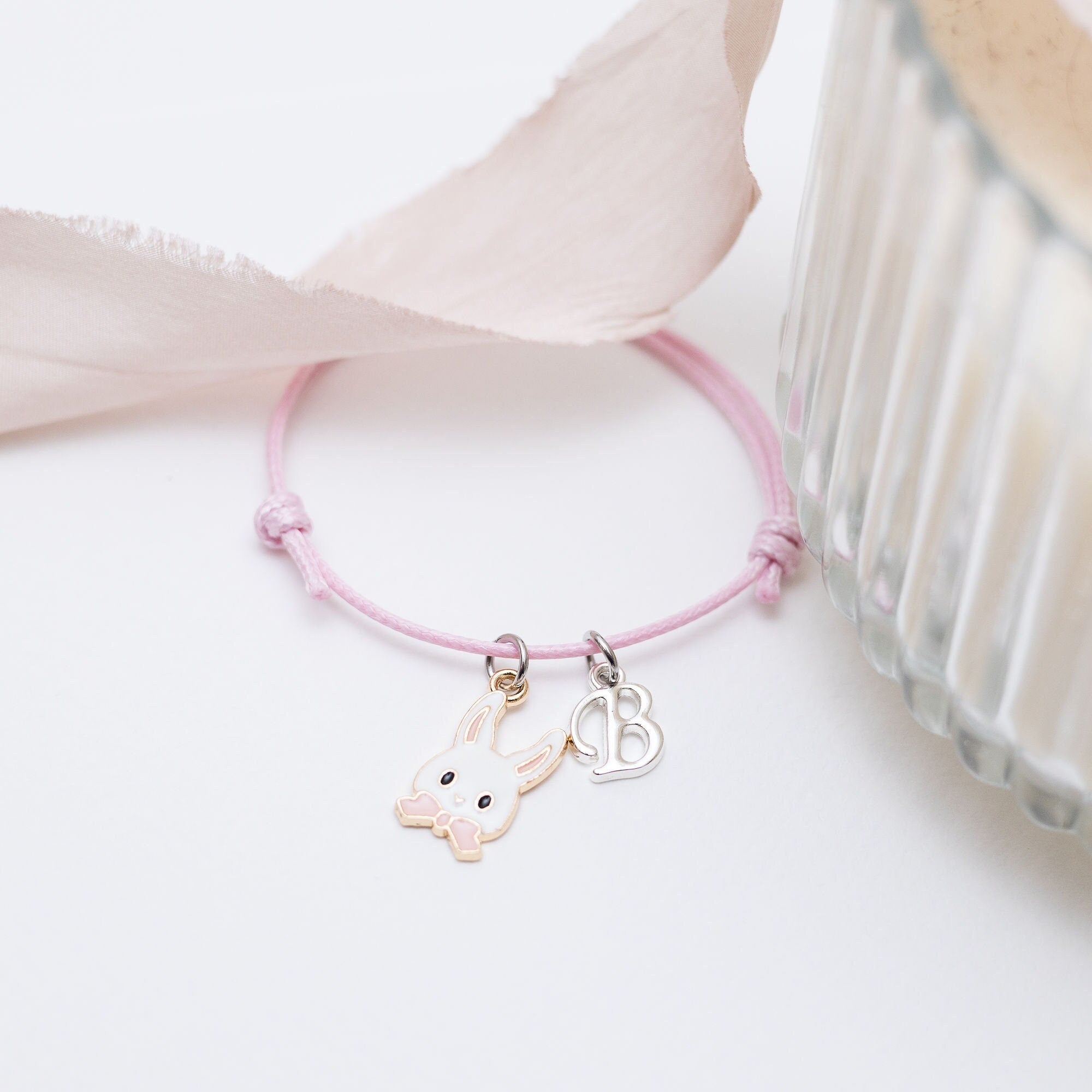 Rabbit bracelet, Easter bunny jewellery, pink bow, personalised gifts, waxed cord adjustable bracelet, letter charm, Easter gift