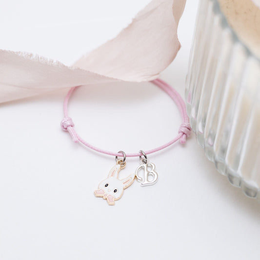 Rabbit bracelet, Easter bunny jewellery, pink bow, personalised gifts, waxed cord adjustable bracelet, letter charm, Easter gift