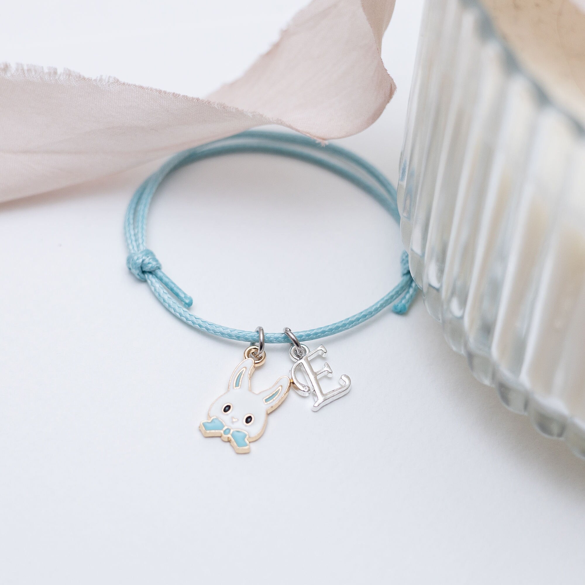 Rabbit bracelet, Easter bunny jewellery, blue bow, personalised gifts, waxed cord adjustable bracelet, letter charm, Easter gift